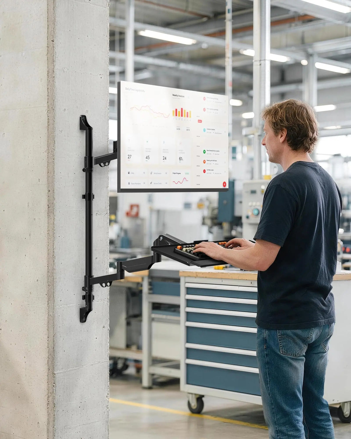 Extra Long Gas Spring Wall Mount with Keyboard Tray for 17-32 Inch Monitors, Full Motion & Height Adjustable, Holds up to 19.8 lbs, VESA 75x75/100x100 mm, Black PUTORSEN