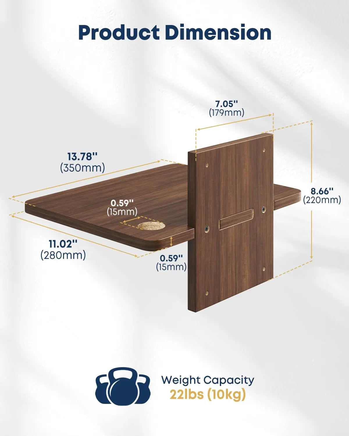 Floating TV Projector Shelf, 1-Tier Wooden Shelf, Walnut Brown, Cable Management, for DVD Player, Router, Game Console, Cable Box & PlayStation, Holds up to 22 lbs Per Shelf PUTORSEN