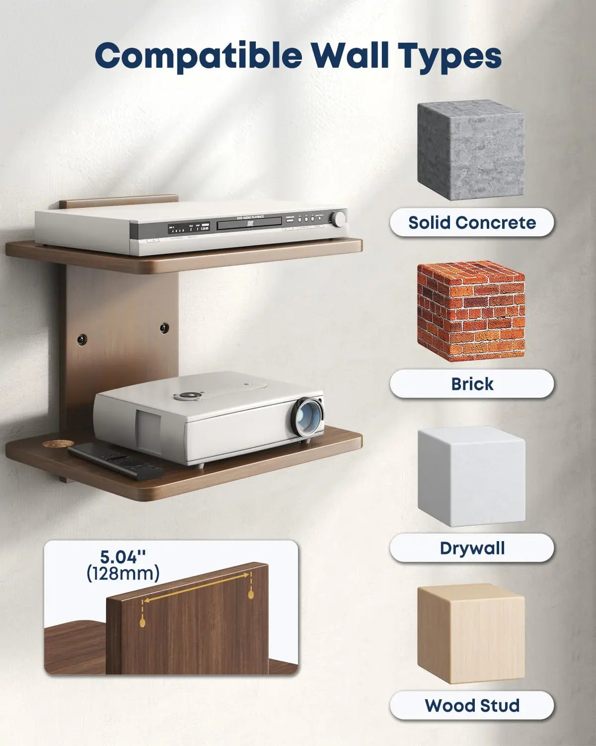 Floating Wall Mount TV Projector Shelf, 2-Tier Wooden, Walnut Brown, Cable Management, for Router, Game Console, DVD Player, Cable Box, PlayStation, Holds 22 lbs Per Shelf PUTORSEN