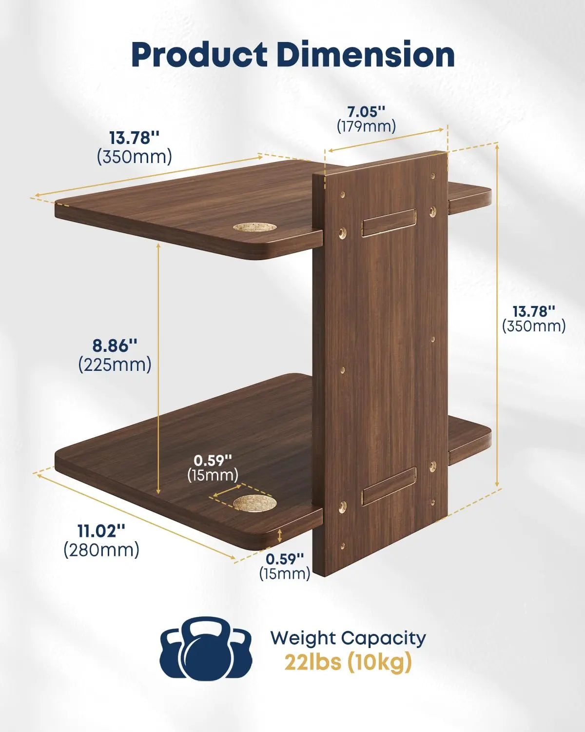 Floating Wall Mount TV Projector Shelf, 2-Tier Wooden, Walnut Brown, Cable Management, for Router, Game Console, DVD Player, Cable Box, PlayStation, Holds 22 lbs Per Shelf PUTORSEN