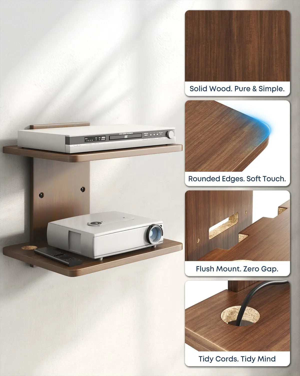 Floating Wall Mount TV Projector Shelf, 2-Tier Wooden, Walnut Brown, Cable Management, for Router, Game Console, DVD Player, Cable Box, PlayStation, Holds 22 lbs Per Shelf PUTORSEN