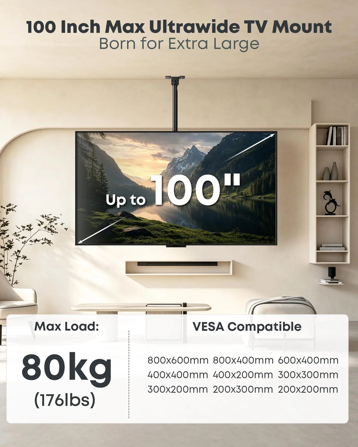 Heavy-Duty Ceiling TV Mount for 50"–100" Televisions, Supports Up to 176 lbs, Fully Adjustable, Premium Metal Construction, Max VESA 800x600mm, Black PUTORSEN