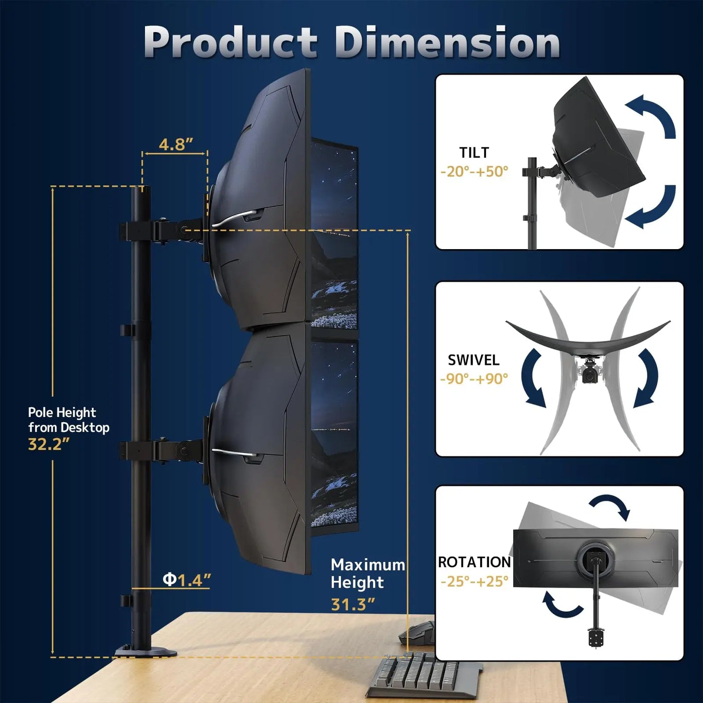 Heavy Duty Dual Monitor-Arm for 17-49'' - Double Vertically Stacked Monitor Mount, Extra Tall Ultrawide Desk Stand Holds up to 44 lbs per Screen PUTORSEN