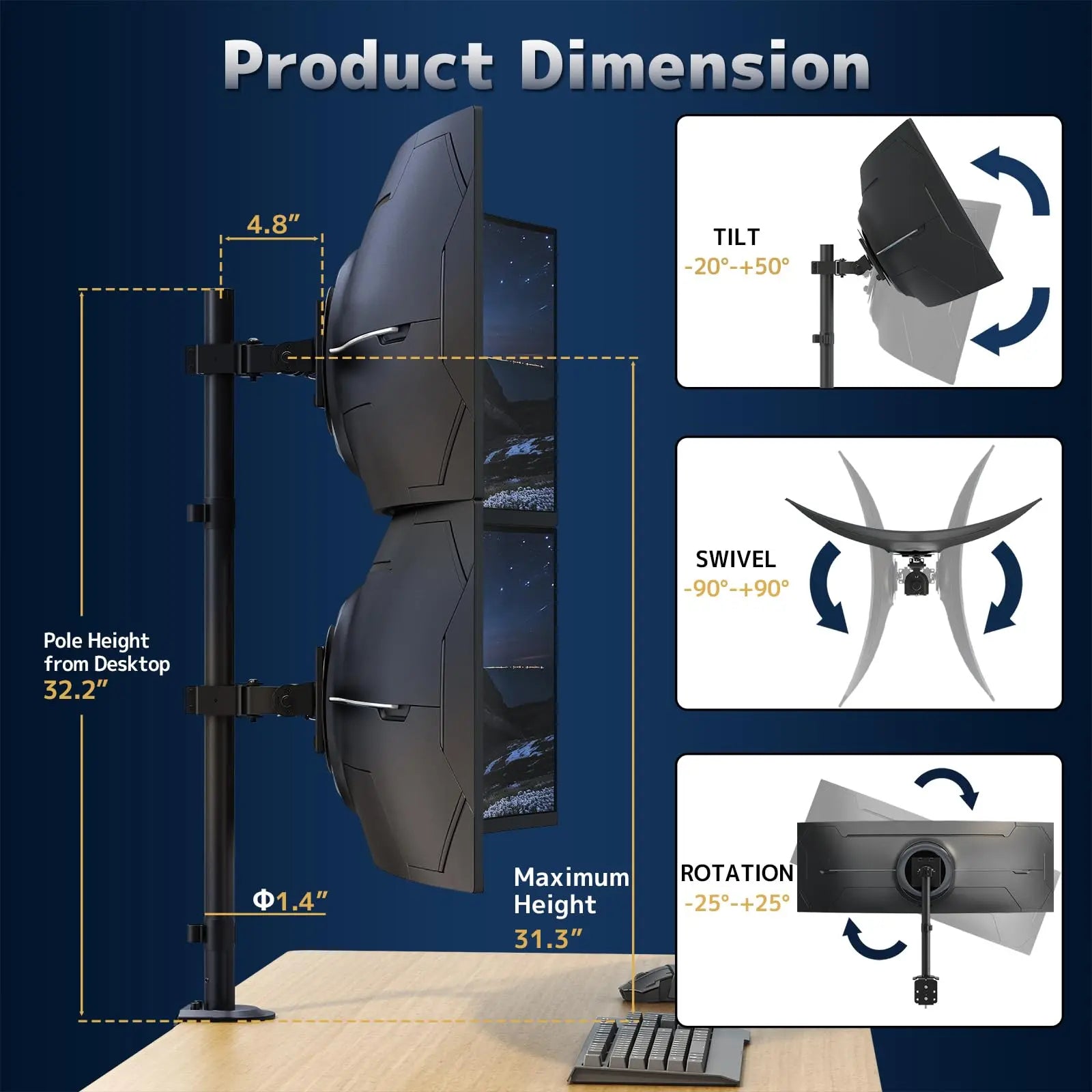 Heavy Duty Dual Monitor-Arm for 17-49'' - Double Vertically Stacked Monitor Mount, Extra Tall Ultrawide Desk Stand Holds up to 44 lbs per Screen PUTORSEN