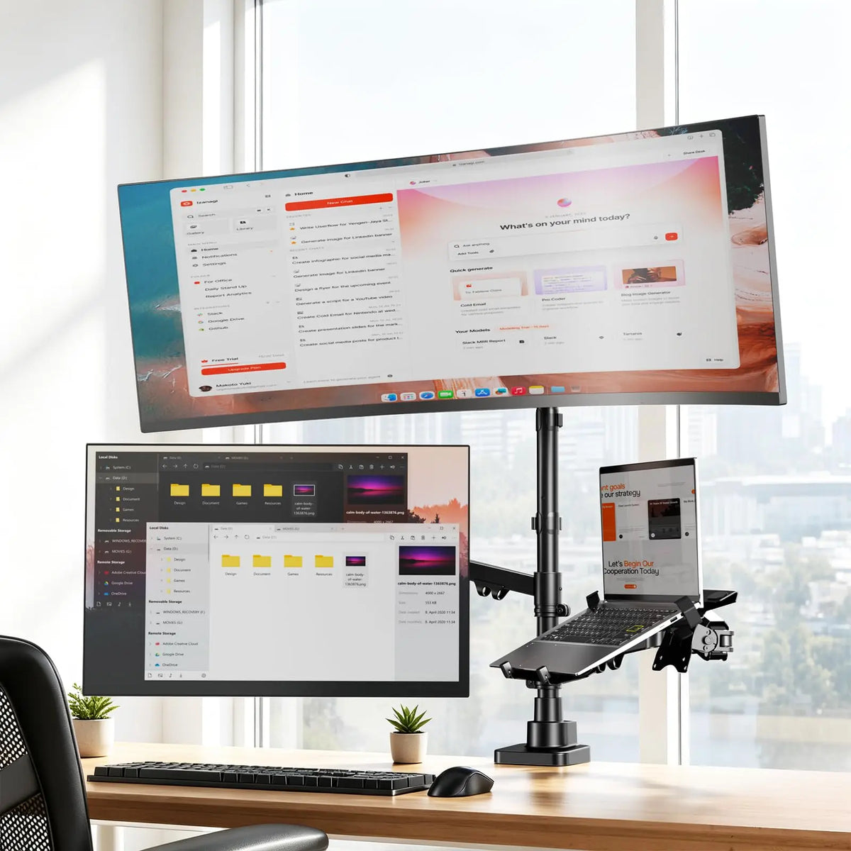Heavy-Duty Gas Spring Triple Monitor Laptop Stand, for 17" Notebook & up to 49" Flat/Curved Screens, Height Adjustable, 33 lbs Max Load, VESA 75x75/100x100 PUTORSEN
