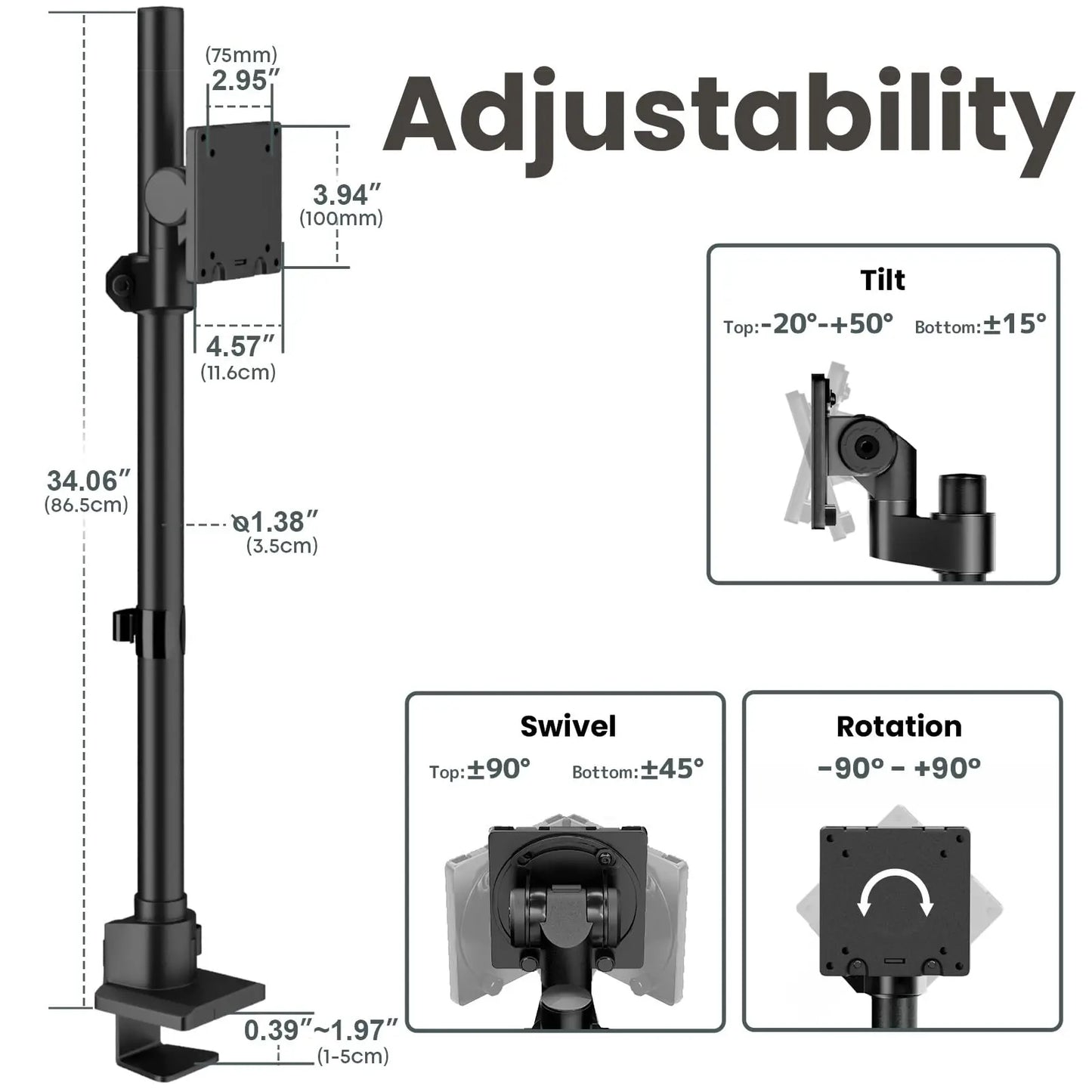 Heavy Duty Monitor-Arm Ultrawide for 24-57’’ , Extra Tall Aluminum Single Monitor Mount Holds up to 59.4 lbs,  Black PUTORSEN