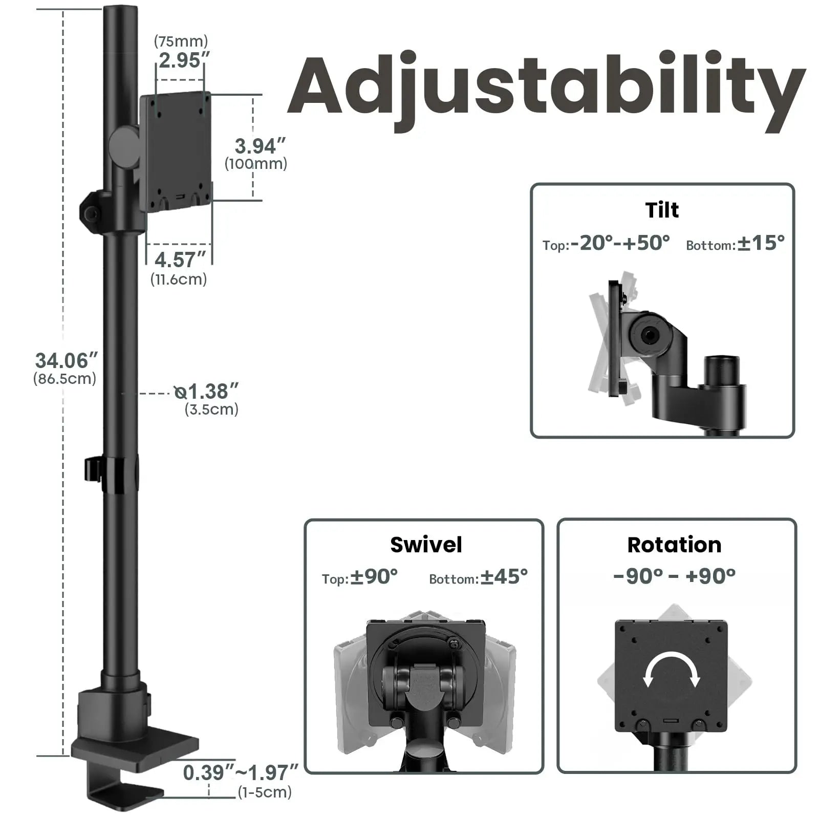 Heavy Duty Monitor-Arm Ultrawide for 24-57’’ , Extra Tall Aluminum Single Monitor Mount Holds up to 59.4 lbs,  Black PUTORSEN