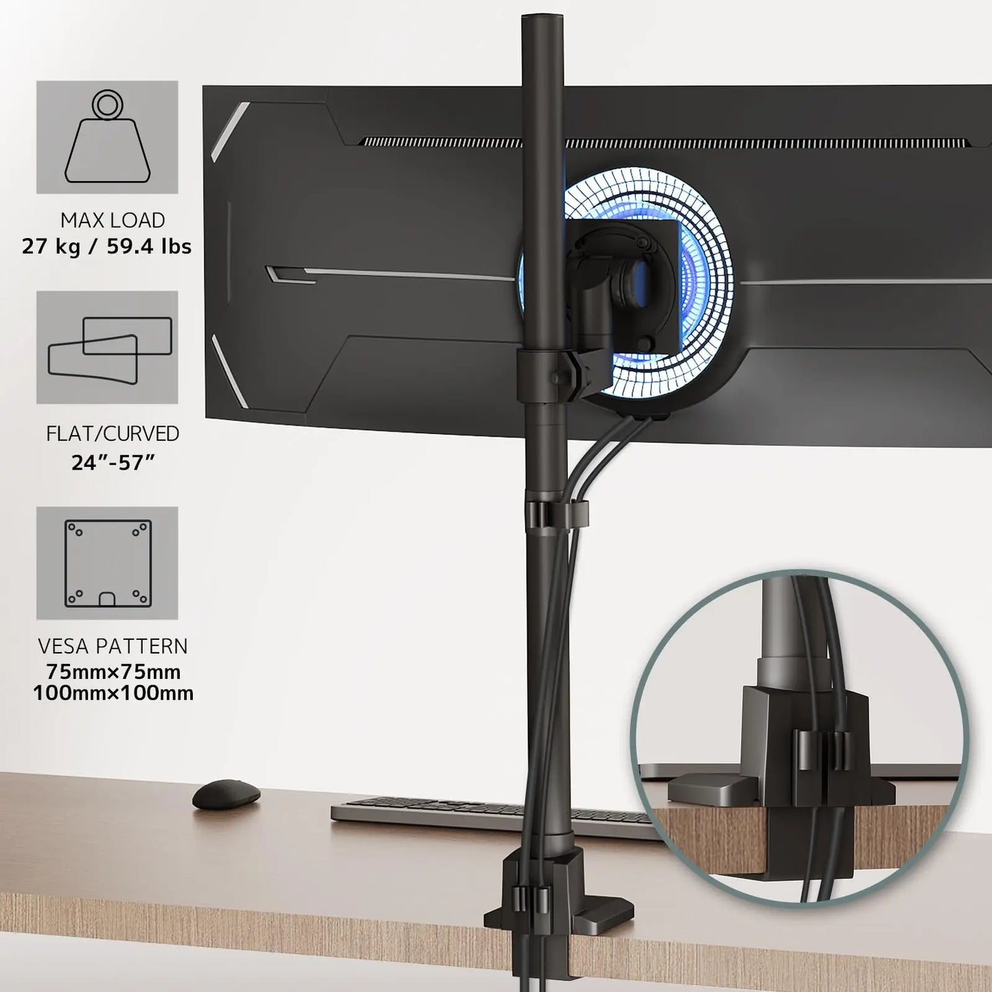 Heavy Duty Monitor-Arm Ultrawide for 24-57’’ , Extra Tall Aluminum Single Monitor Mount Holds up to 59.4 lbs,  Black PUTORSEN