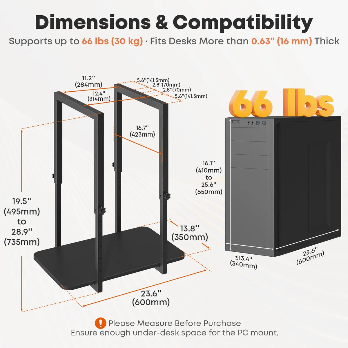 Heavy-Duty Under-Desk PC Bracket for Full Tower Computer Cases, Supports up to 66 lbs Max Compatible Case Dimensions: 13.4” W × 25.6” H, Height Adjustable, Solid Wood Base (23.6'' × 13.8'') PUTORSEN