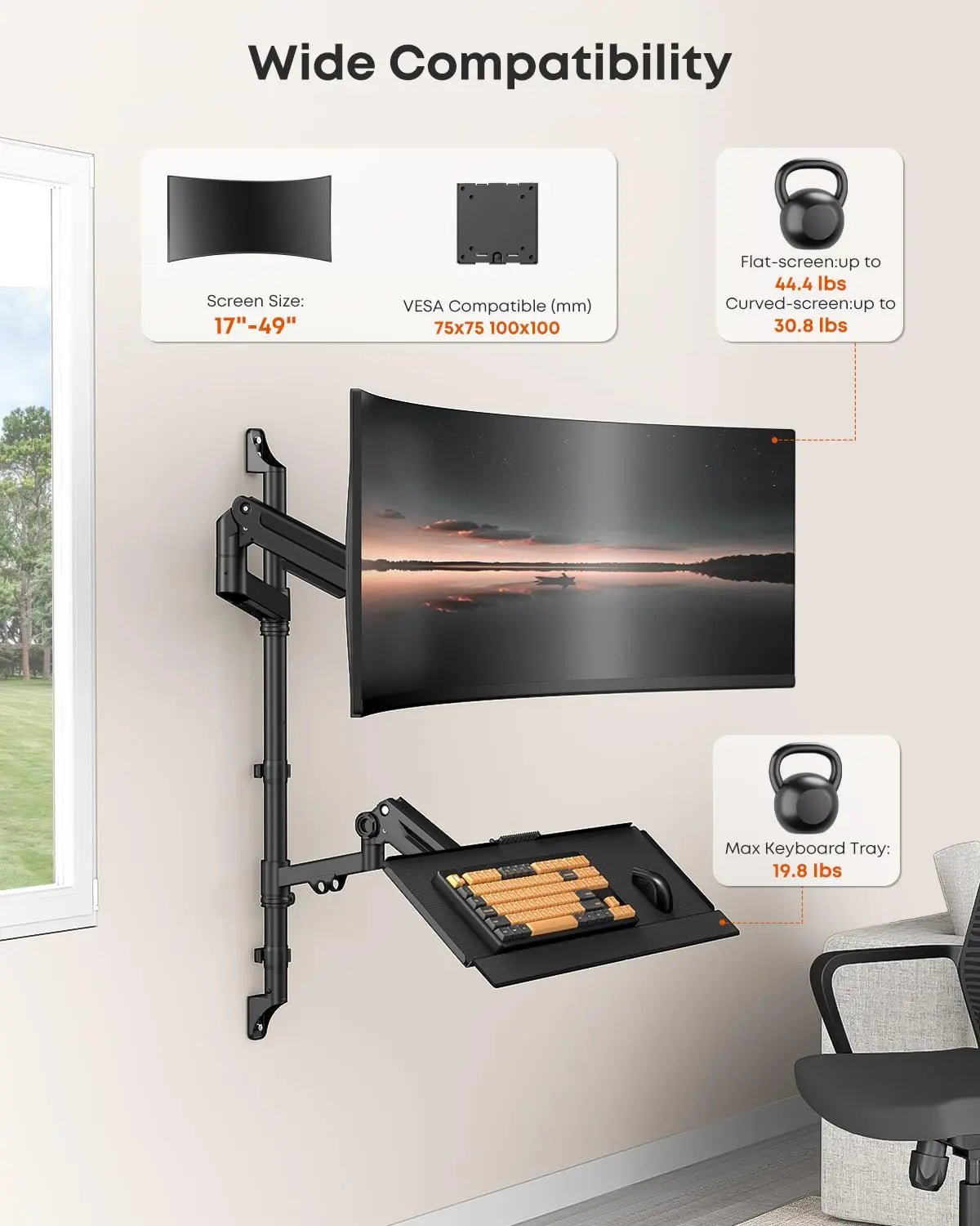 Heavy-Duty Wall Mount Monitor Arm w/ Keyboard Tray, 17-49", Gas Spring Full Motion, 44 lbs Capacity, Height Adjustable Sit Stand, VESA 75x75/100x100mm, Black PUTORSEN