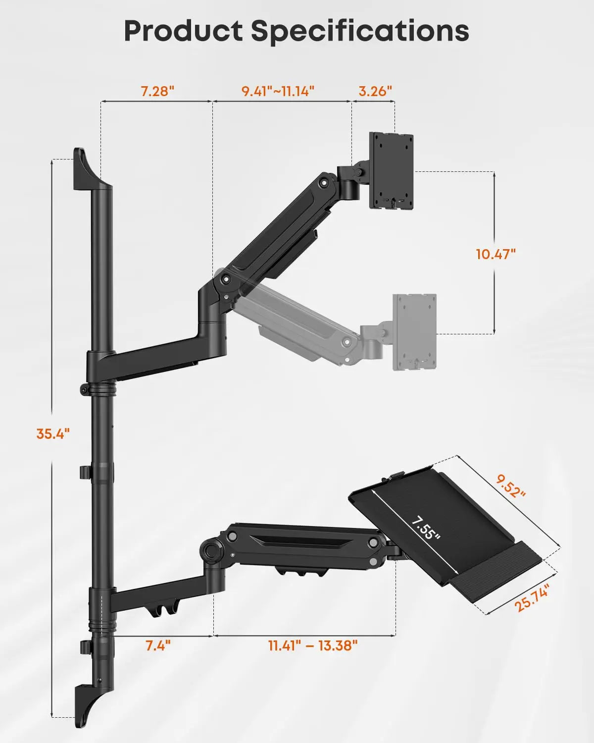 Heavy-Duty Wall Mount Monitor Arm w/ Keyboard Tray, 17-49", Gas Spring Full Motion, 44 lbs Capacity, Height Adjustable Sit Stand, VESA 75x75/100x100mm, Black PUTORSEN