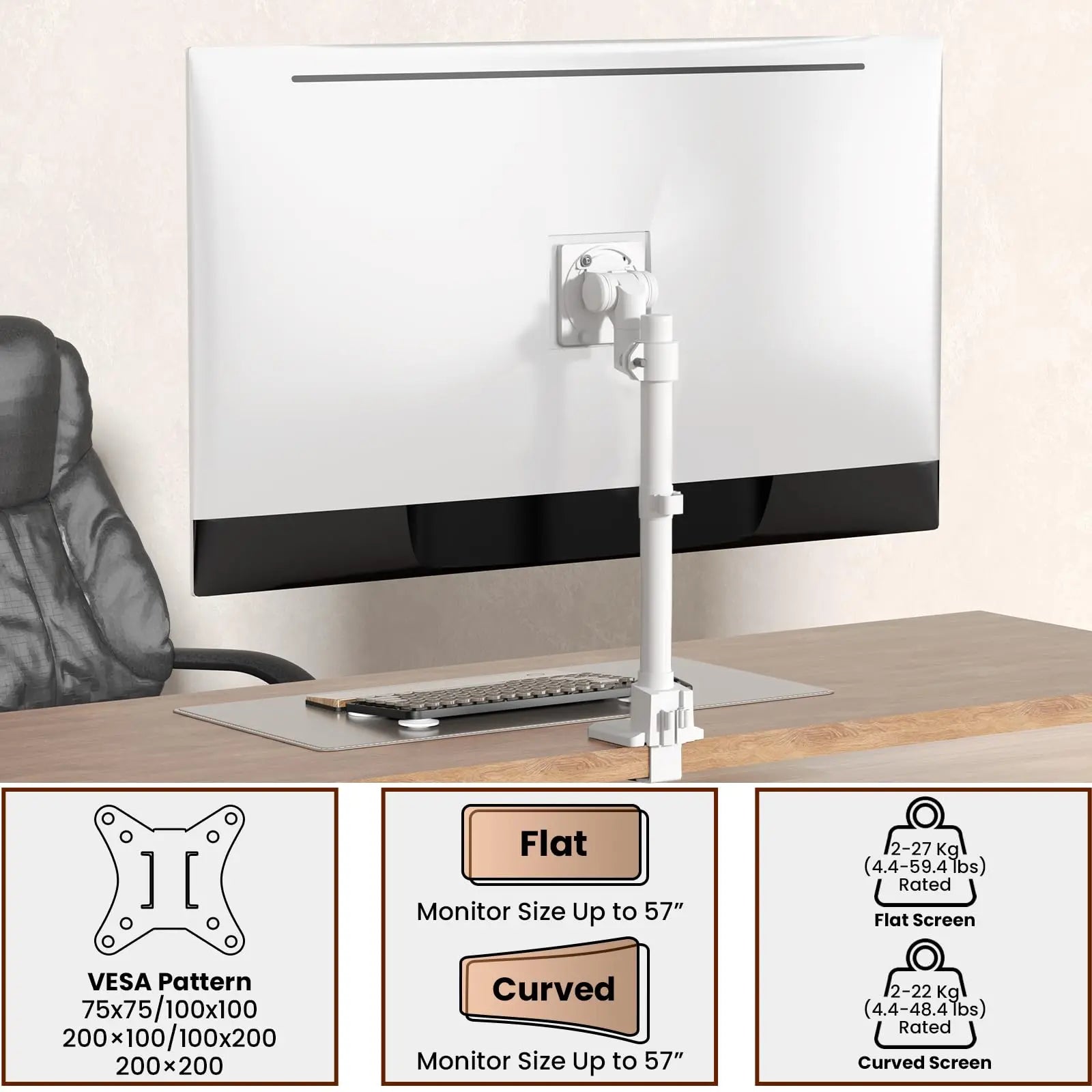 Monitor-Arm Ultrawide Heavy Duty for 24-57''，Aluminum Single Monitor Mount Holds up to 59.4lbs, White PUTORSEN