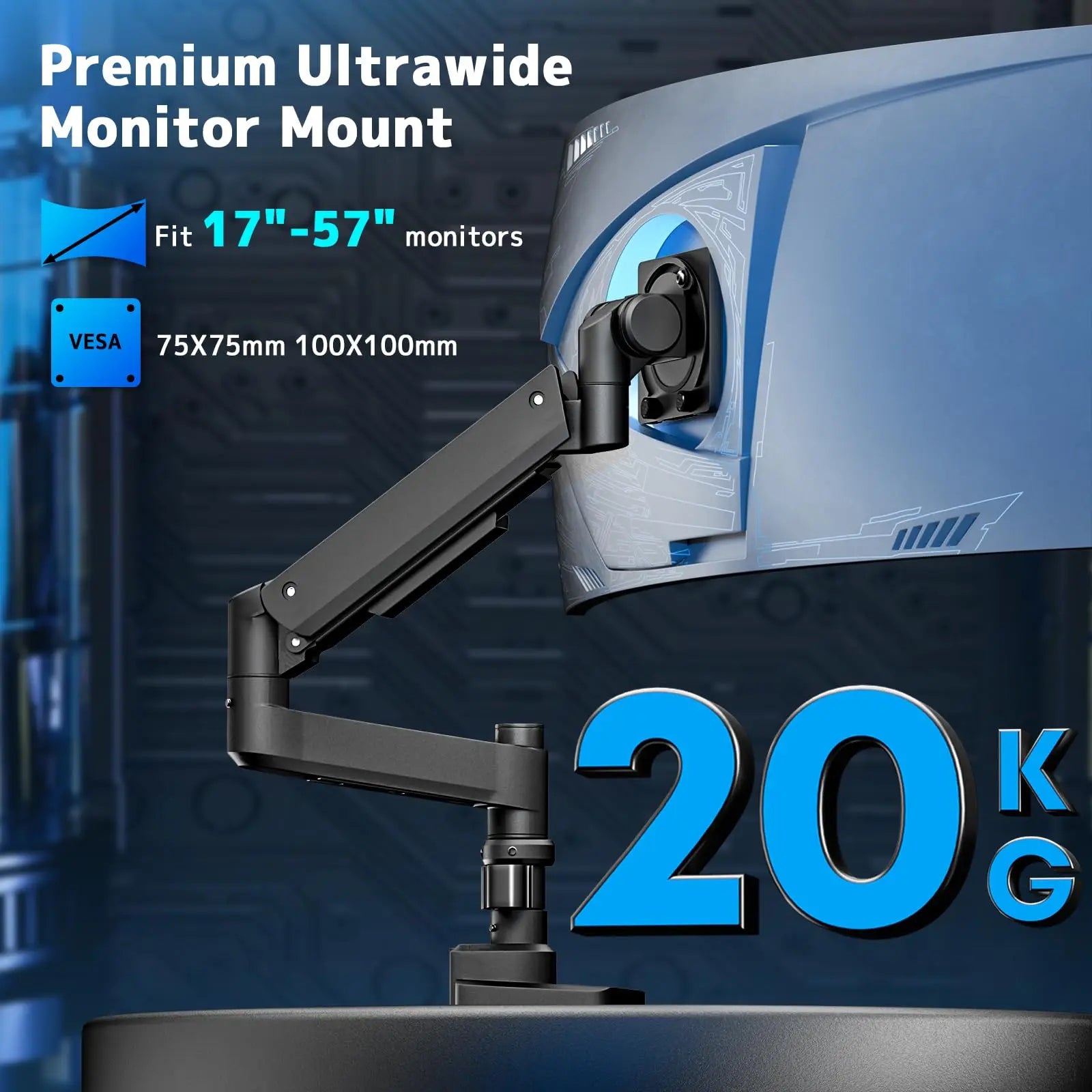 Monitor mount 1 monitors for 17-57 inch flat & curved screen, gas spring monitor desk mount height adjustable tiltable swivel, weight capacity 2-20 kg per arm , black PUTORSEN