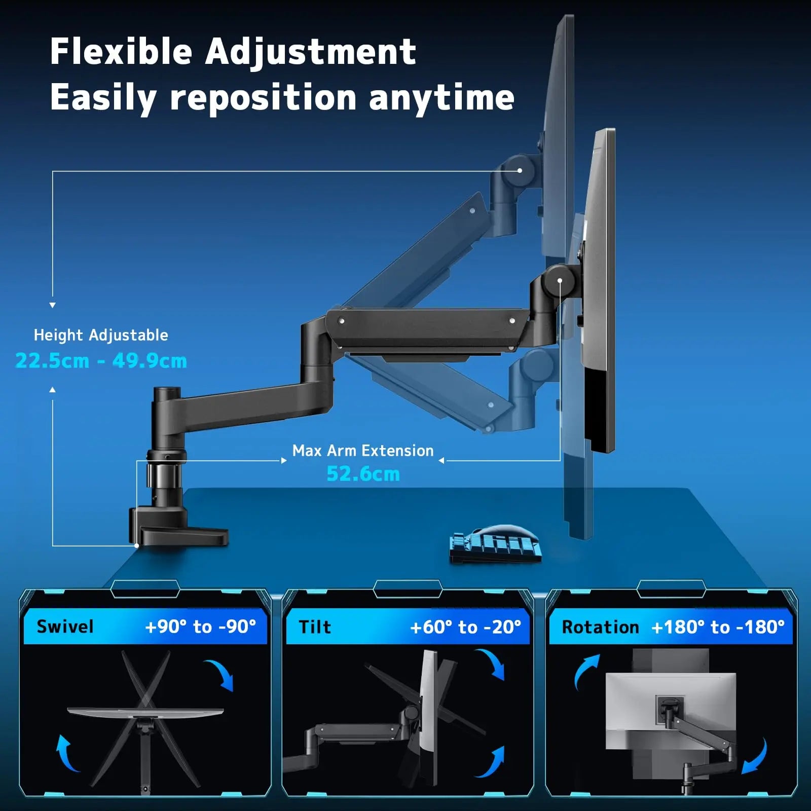 Monitor mount 1 monitors for 17-57 inch flat & curved screen, gas spring monitor desk mount height adjustable tiltable swivel, weight capacity 2-20 kg per arm , black PUTORSEN