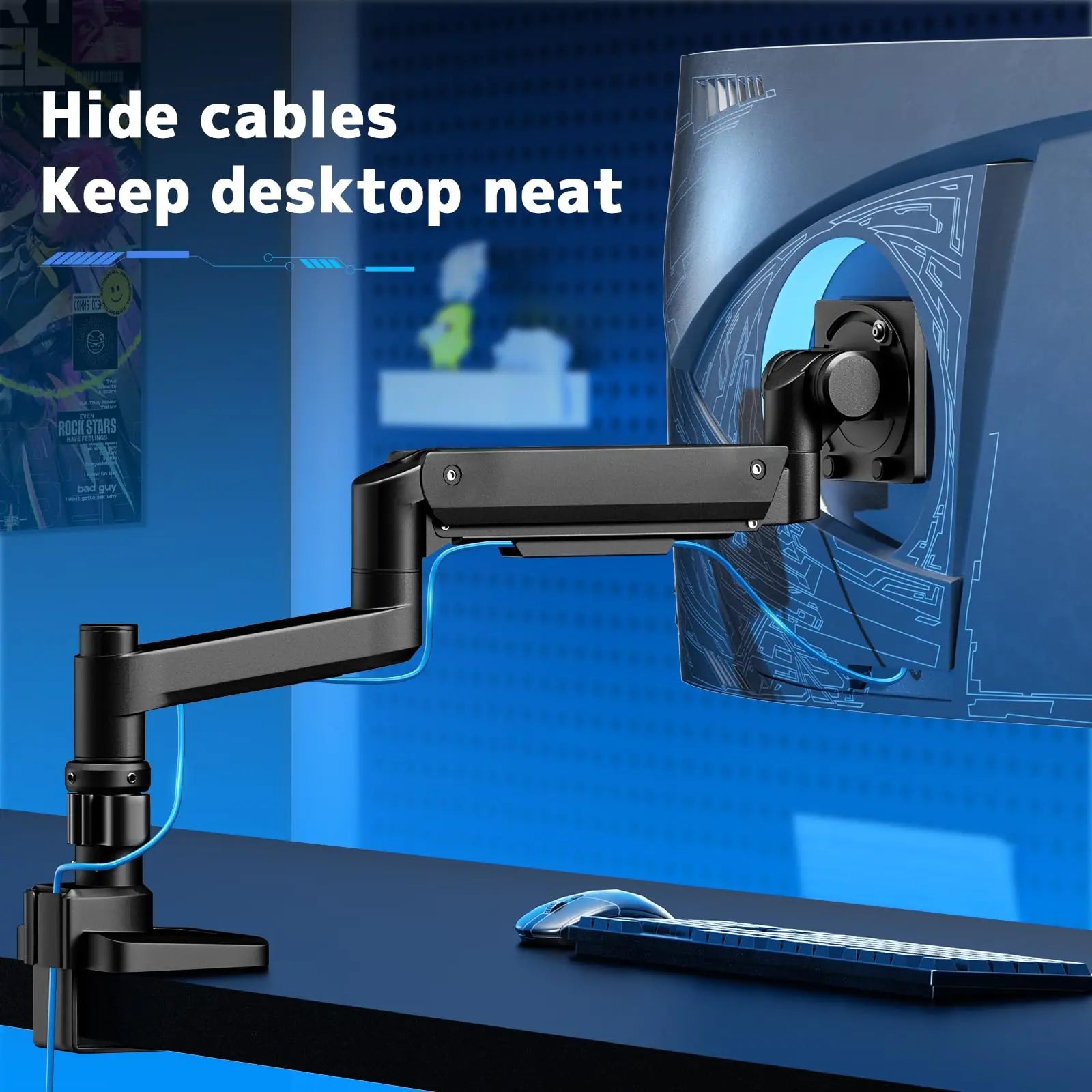 Monitor mount 1 monitors for 17-57 inch flat & curved screen, gas spring monitor desk mount height adjustable tiltable swivel, weight capacity 2-20 kg per arm , black PUTORSEN