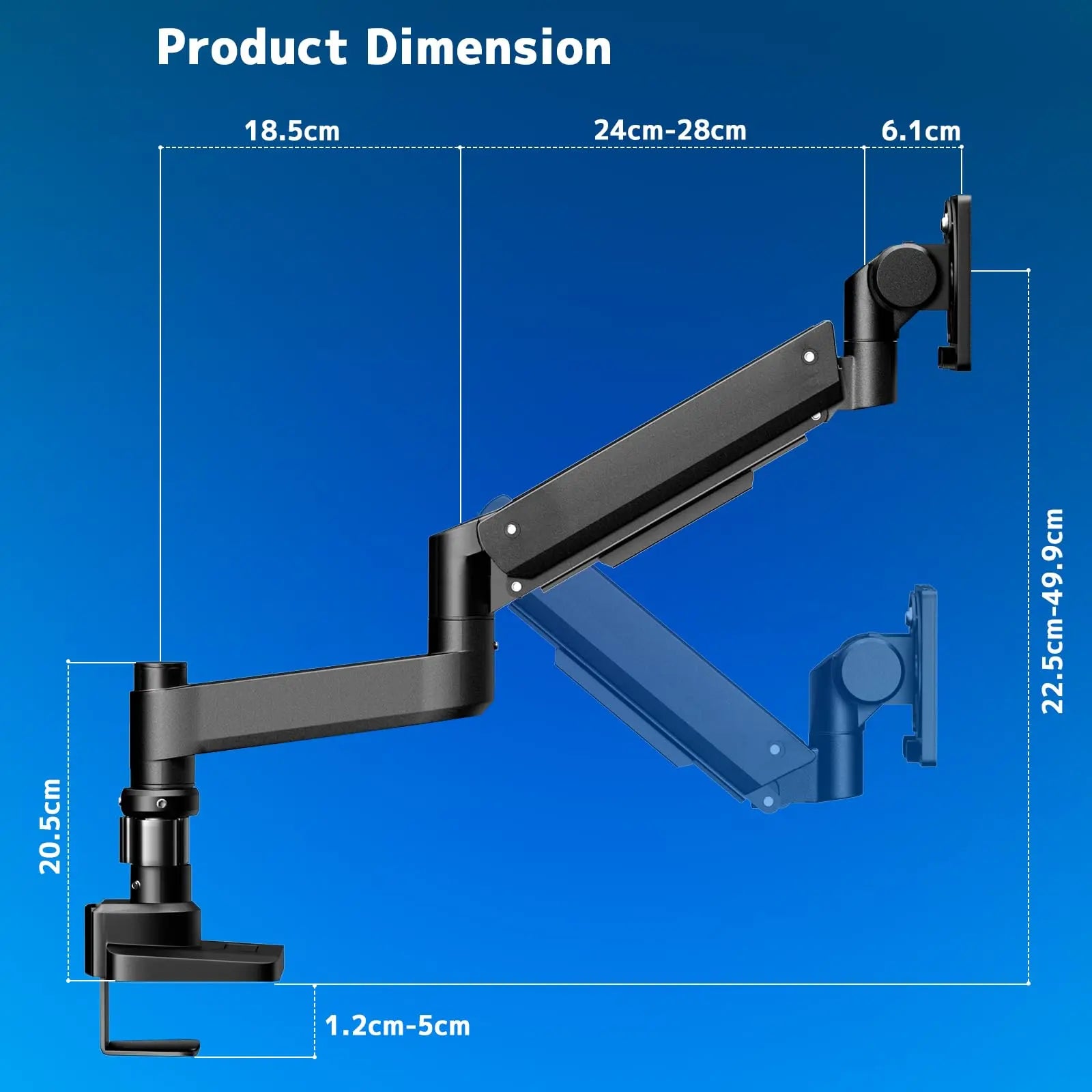 Monitor mount 1 monitors for 17-57 inch flat & curved screen, gas spring monitor desk mount height adjustable tiltable swivel, weight capacity 2-20 kg per arm , black PUTORSEN