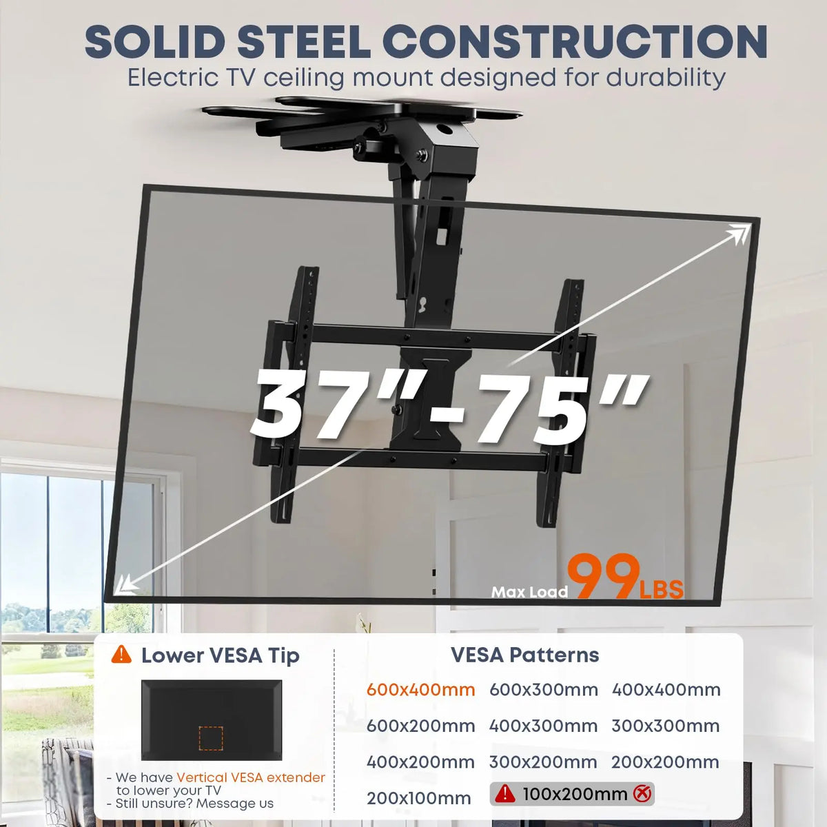 Motorised Flip Down Ceiling TV Bracket with Remote for 37-75'' TVs, Black Space Saving & Adjustable, Fits Flat/Pitched Roof, Electric TV Mount, Max VESA 600x400 mm, Max 45kg PUTORSEN