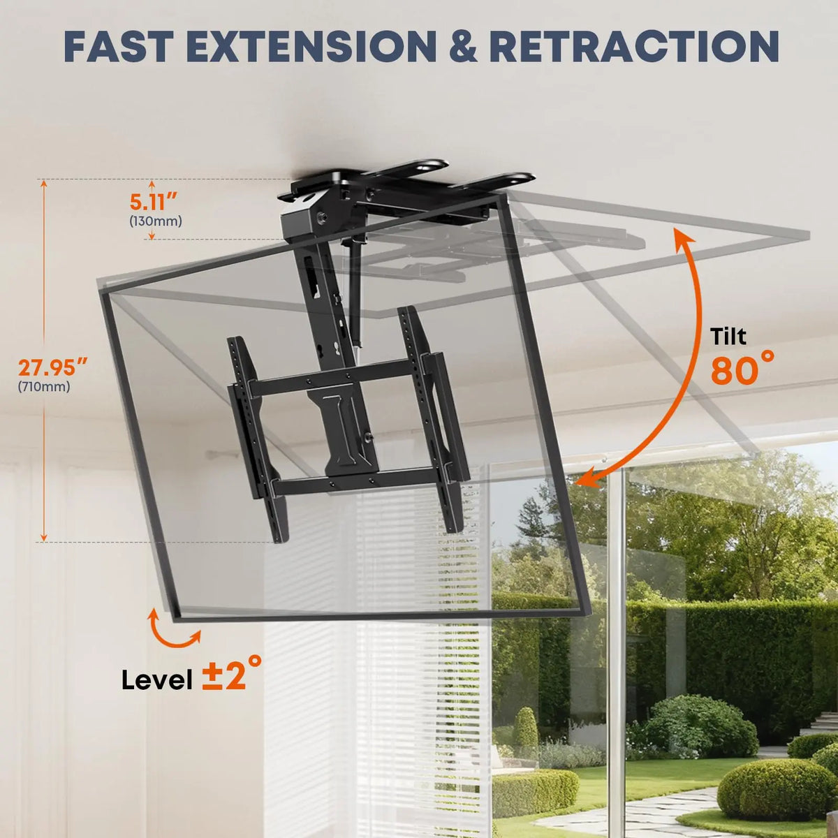 Motorised Flip Down Ceiling TV Bracket with Remote for 37-75'' TVs, Black Space Saving & Adjustable, Fits Flat/Pitched Roof, Electric TV Mount, Max VESA 600x400 mm, Max 45kg PUTORSEN