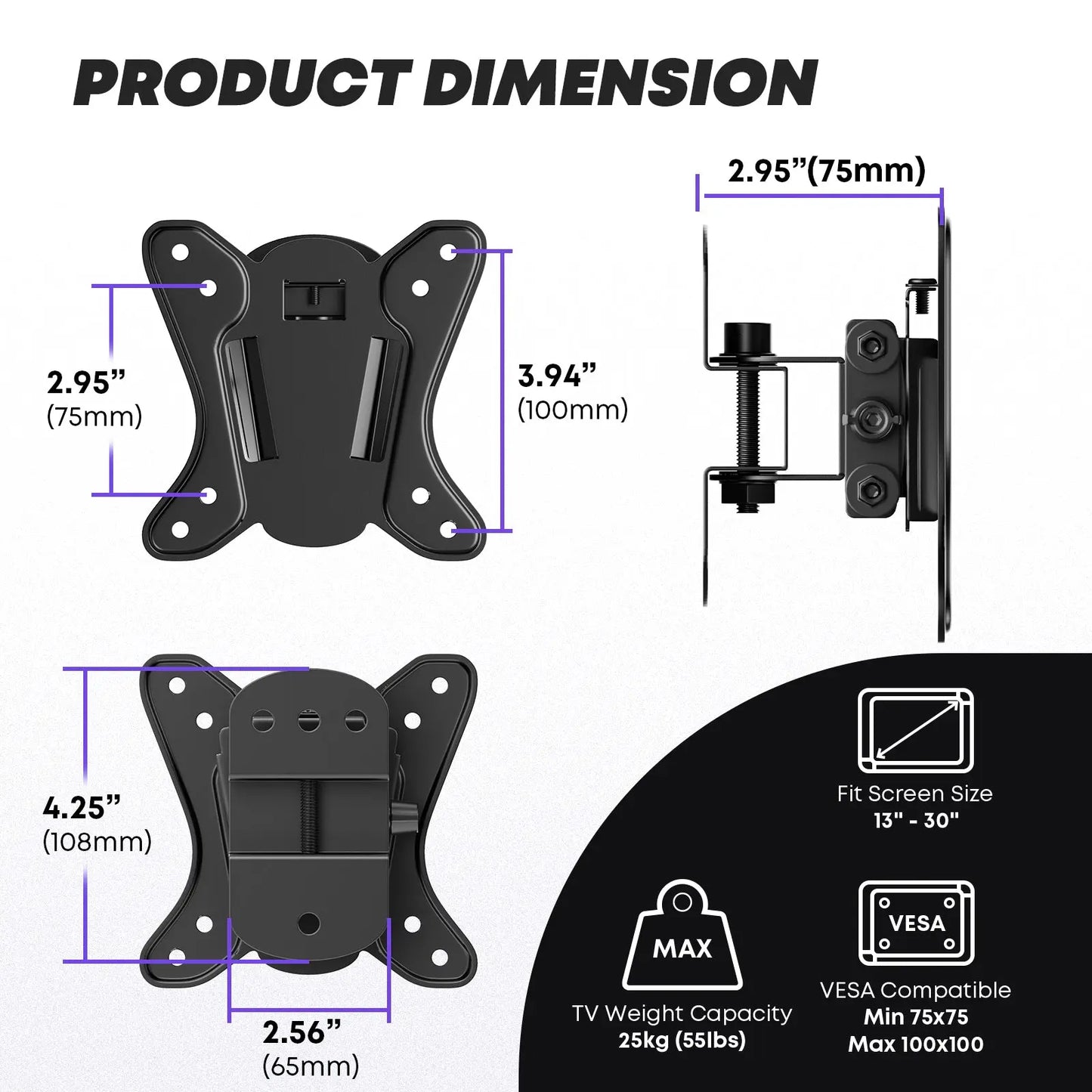 PUTORSEN 13-30 inch TV Wall Bracket, Tilt Swivel Wall TV bracket for LCD LED Screens & Monitors, TV Monitor Wall Mount, VESA 75x75/100x100mm PUTORSEN