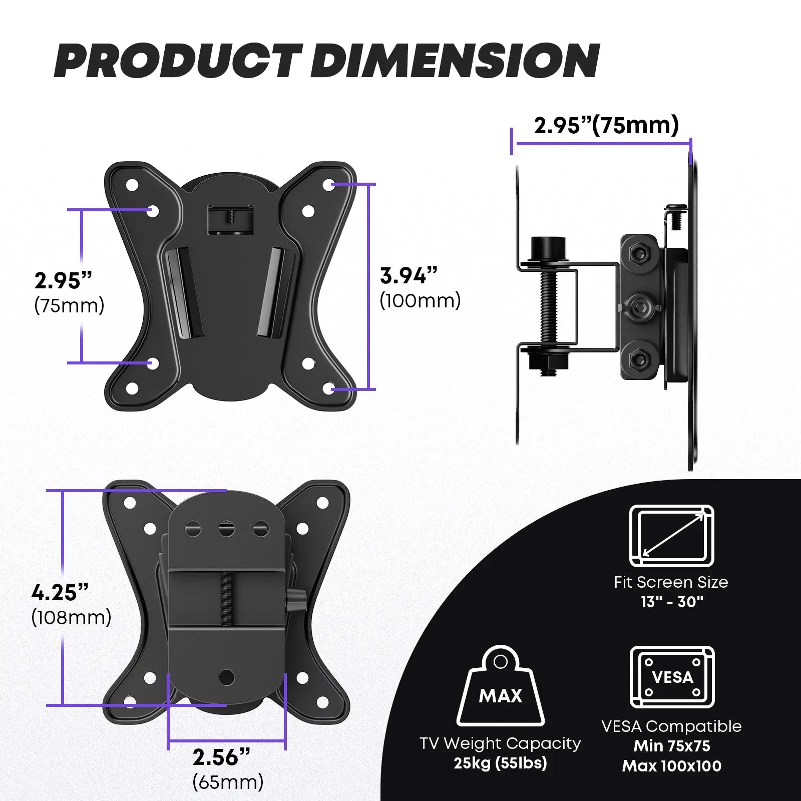 PUTORSEN 13-30 inch TV Wall Bracket, Tilt Swivel Wall TV bracket for LCD LED Screens & Monitors, TV Monitor Wall Mount, VESA 75x75/100x100mm PUTORSEN