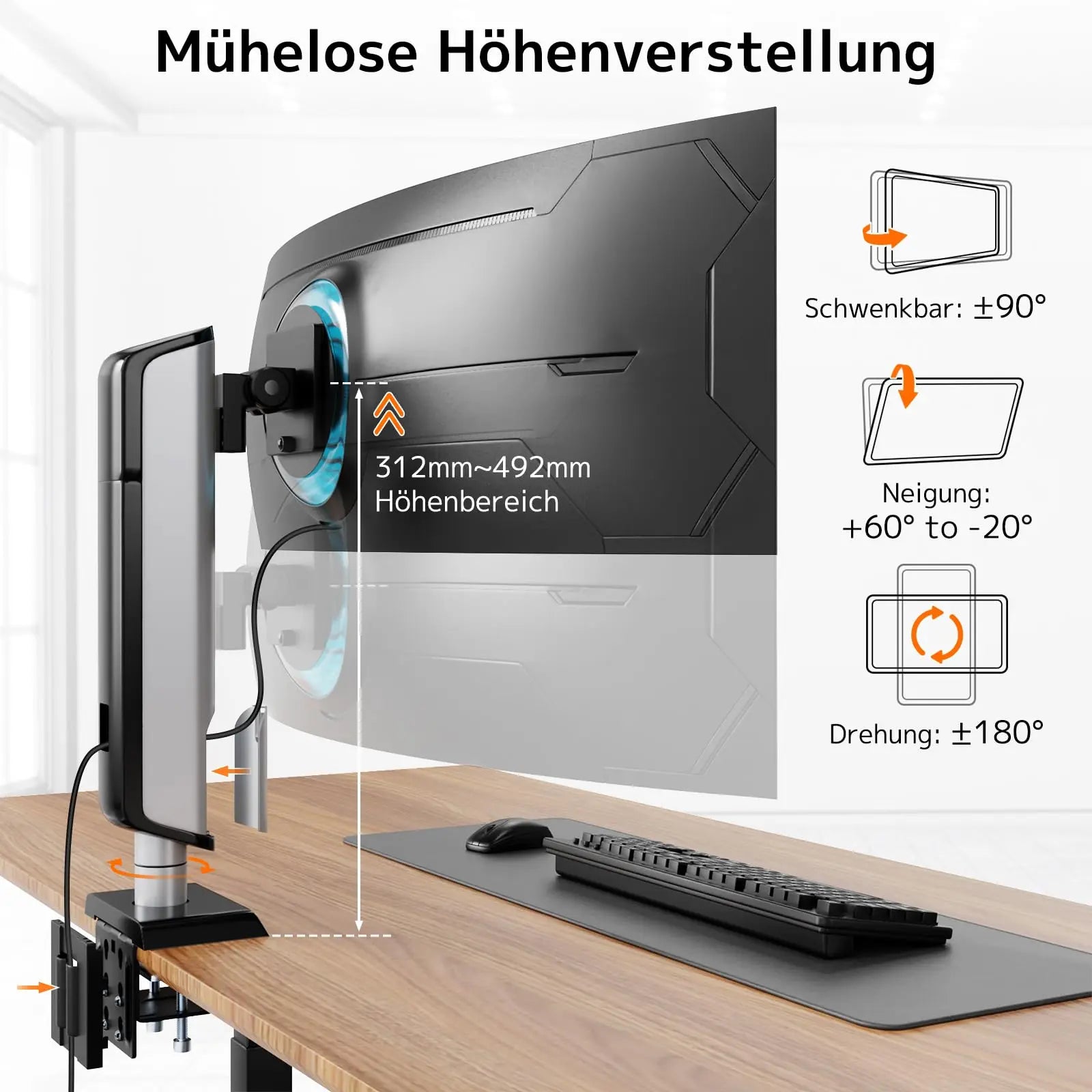 PUTORSEN 17-49 Zoll Monitor Halterung, Einzelner Monitorarm Ständer Hält 2-18 kg, Mühelose Höhenverstellung mit Neigungen, Schwenken, Dreht PUTORSEN