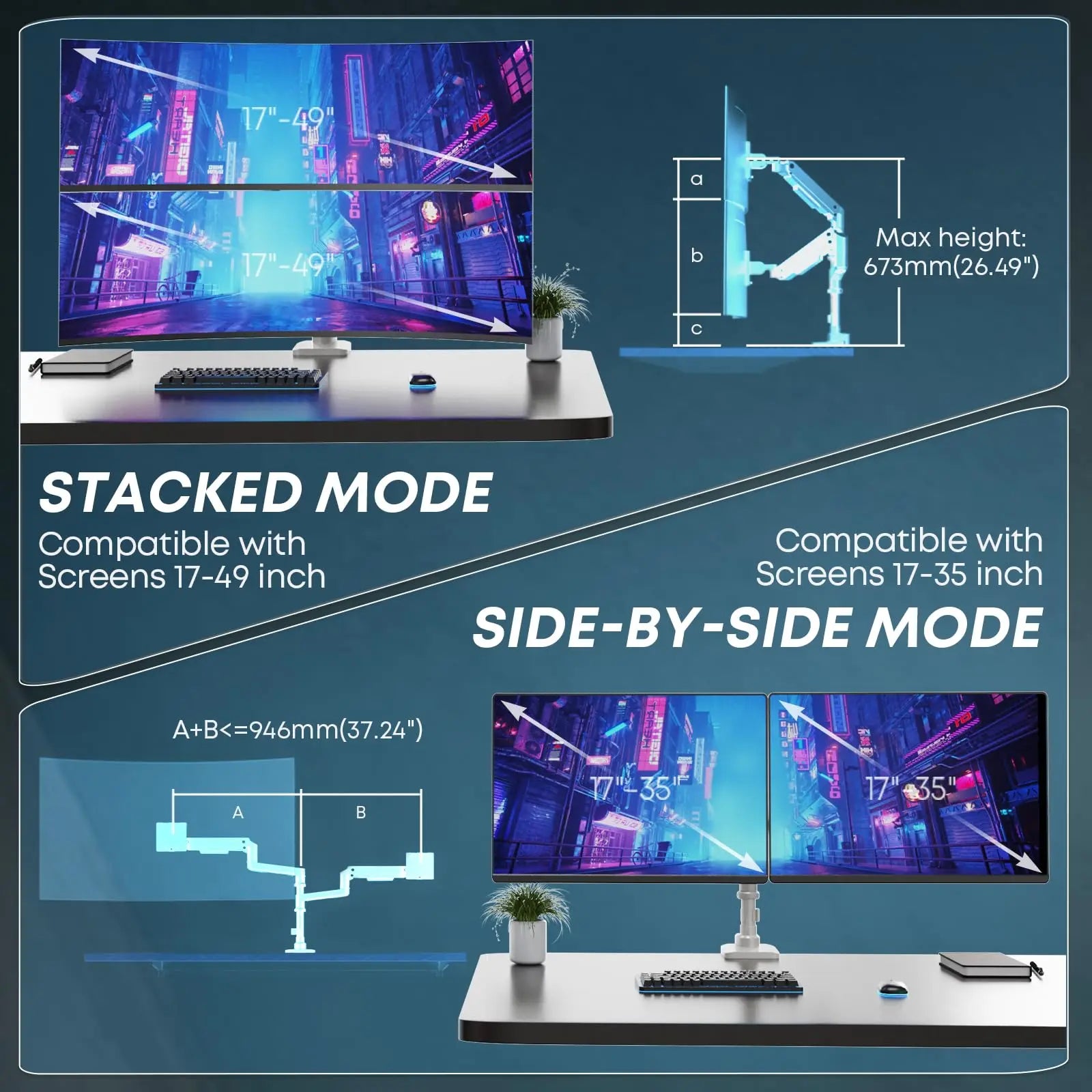 PUTORSEN 17-49 inch Premium Heavy Duty Dual Monitor Arm for Ultrawide Screens up to 44lbs, Vertically Stacked Monitor Desk Mount, Fully Adjustable, VESA 75/100 PUTORSEN