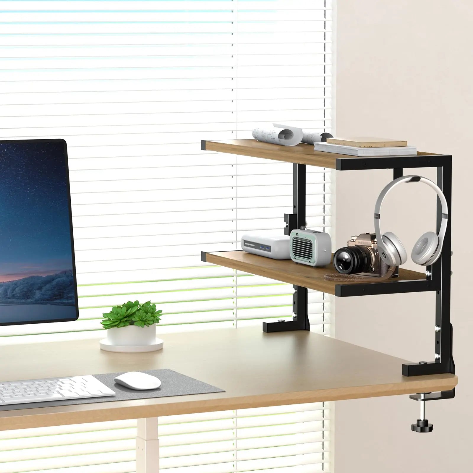 PUTORSEN 2-Tier Clamp-On Desk Shelf - 24 inch Adjustable Height and Versatile Hook, Above or Under Desk Storage for Office & Gaming PUTORSEN