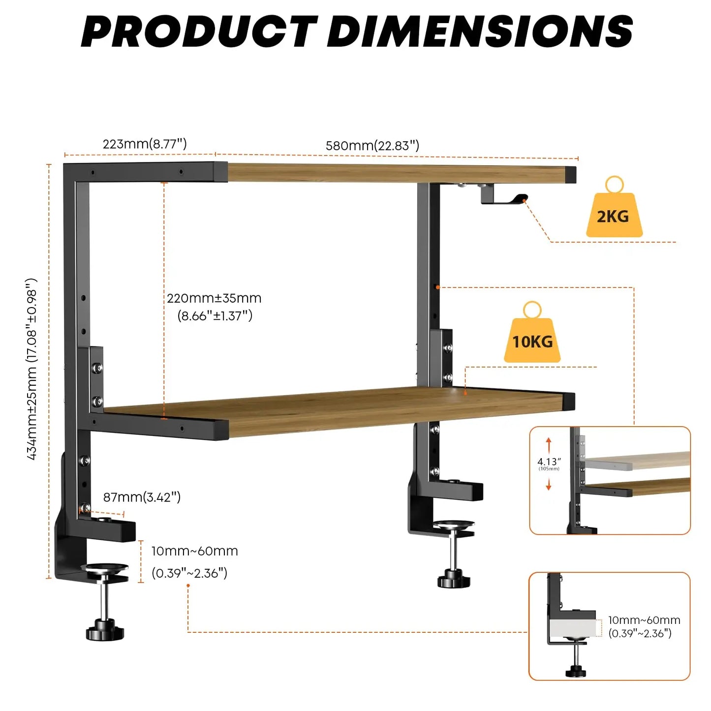 PUTORSEN 2-Tier Clamp-On Desk Shelf - 24 inch Adjustable Height and Versatile Hook, Above or Under Desk Storage for Office & Gaming PUTORSEN