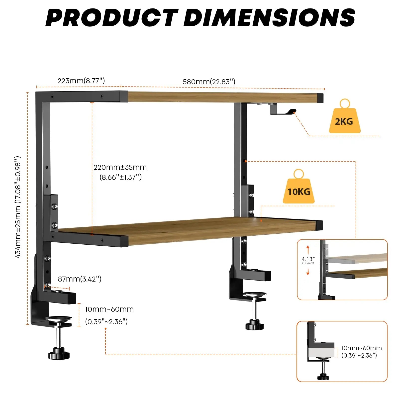 PUTORSEN 2-Tier Clamp-On Desk Shelf - 24 inch Adjustable Height and Versatile Hook, Above or Under Desk Storage for Office & Gaming PUTORSEN