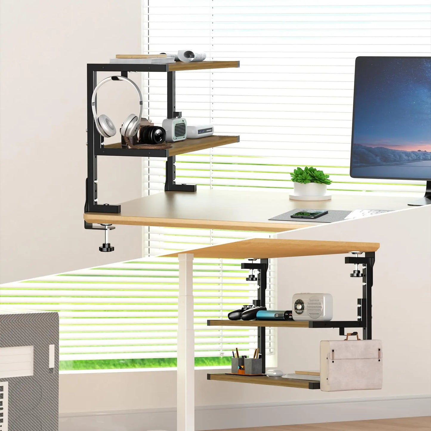 PUTORSEN 2-Tier Clamp-On Desk Shelf - 24 inch Adjustable Height and Versatile Hook, Above or Under Desk Storage for Office & Gaming PUTORSEN