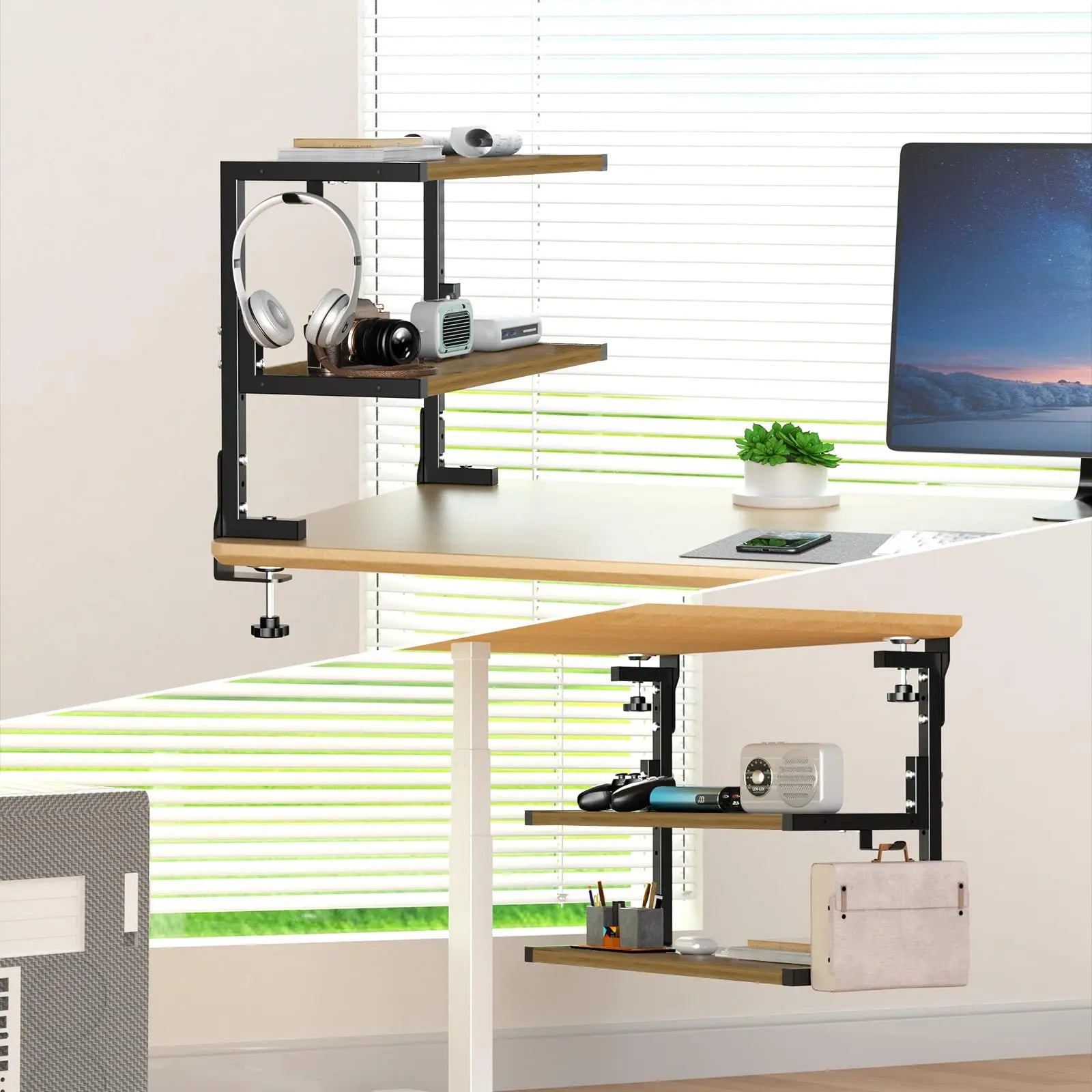 PUTORSEN 2-Tier Clamp-On Desk Shelf - 24 inch Adjustable Height and Versatile Hook, Above or Under Desk Storage for Office & Gaming PUTORSEN