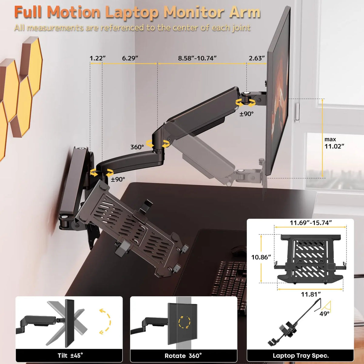 PUTORSEN 2-in-1 Full Motion Wall Mount for Monitor & Laptop, Supports up to 32" Monitor and 18" Laptop, 19.8 lbs Weight Capacity, Detachable Laptop Tray with Adjustable Slide Clamp, VESA 75x75/100x100 PUTORSEN