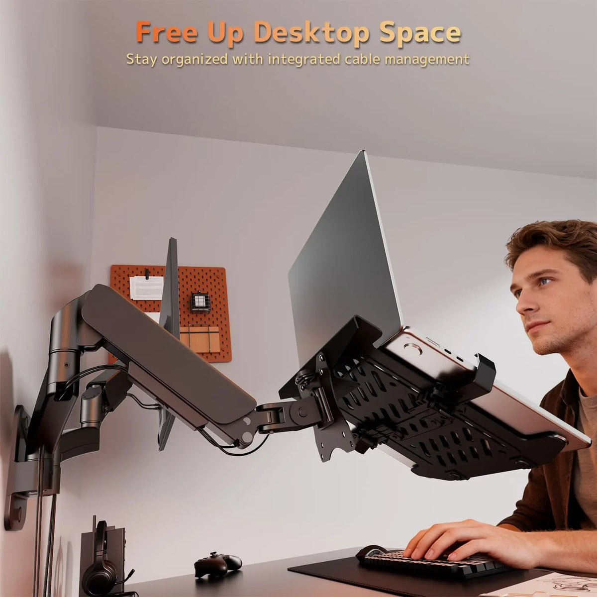 PUTORSEN 2-in-1 Full Motion Wall Mount for Monitor & Laptop, Supports up to 32" Monitor and 18" Laptop, 19.8 lbs Weight Capacity, Detachable Laptop Tray with Adjustable Slide Clamp, VESA 75x75/100x100 PUTORSEN