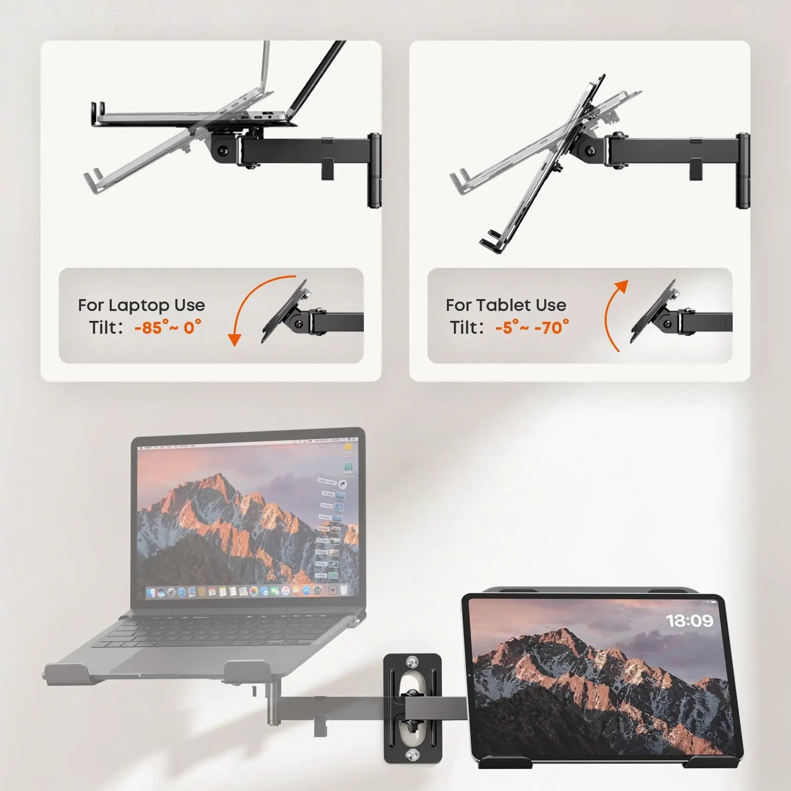 PUTORSEN 2-in-1 Laptop Wall Mount, Adjustable Arm for 10-17 Inch Notebook & Screens Under 32", Holds 4.4-19.8 lbs (Black) PUTORSEN
