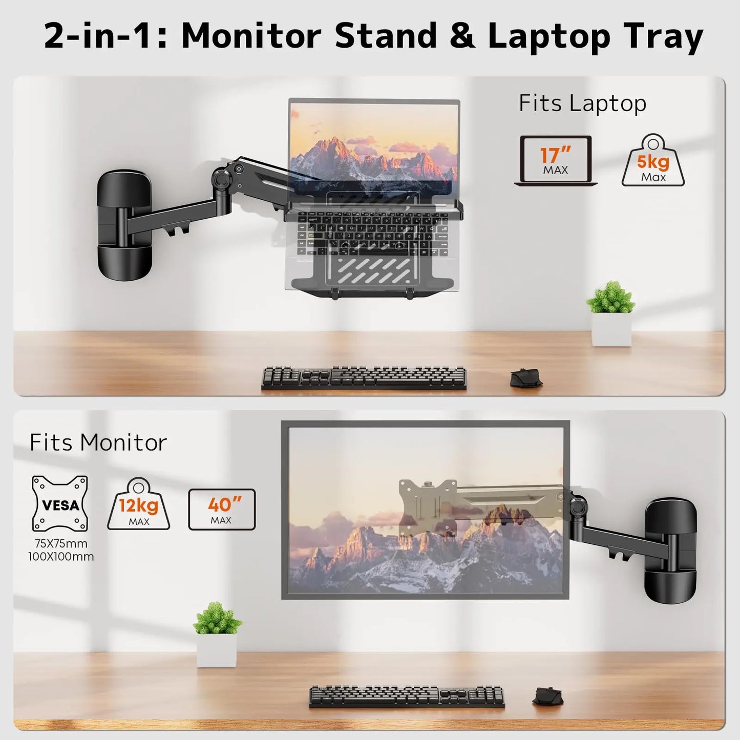 PUTORSEN 2-in-1 Laptop Wall Mount, Gas Spring Arm for 10-17 Inch Notebook & 17-40" Screen, Full Motion Adjustable, Black PUTORSEN