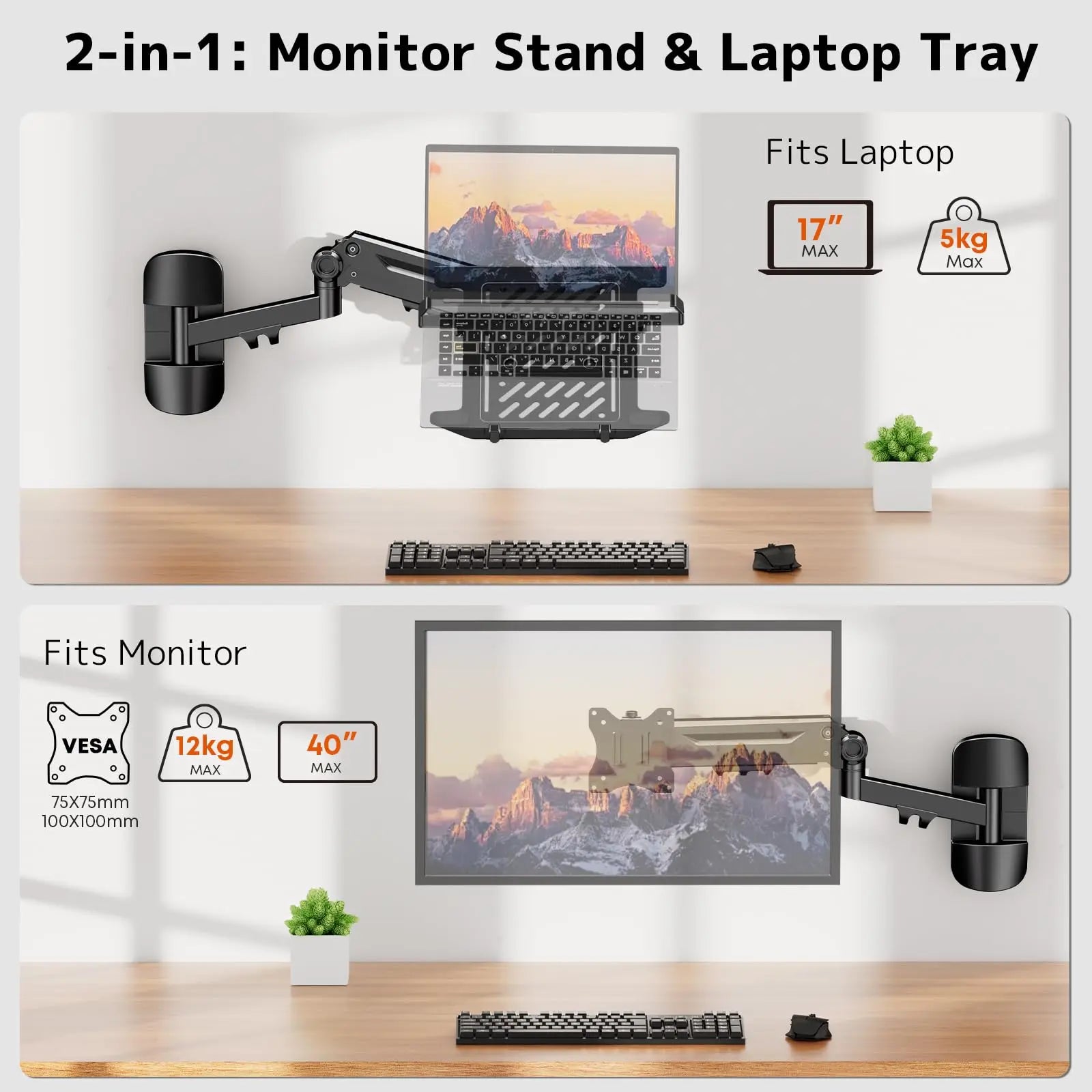 PUTORSEN 2-in-1 Laptop Wall Mount, Gas Spring Arm for 10-17 Inch Notebook & 17-40" Screen, Full Motion Adjustable, Black PUTORSEN