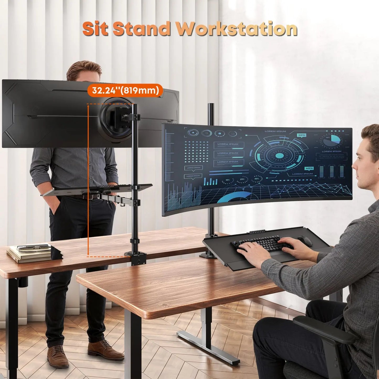 PUTORSEN 49''Monitor Arm with Keyboard Tray, Sit Stand Monitor Desk Mount, 44 lbs Monitor& 19.8 lbs Tray Capacity, C-Clamp & Grommet Mount PUTORSEN