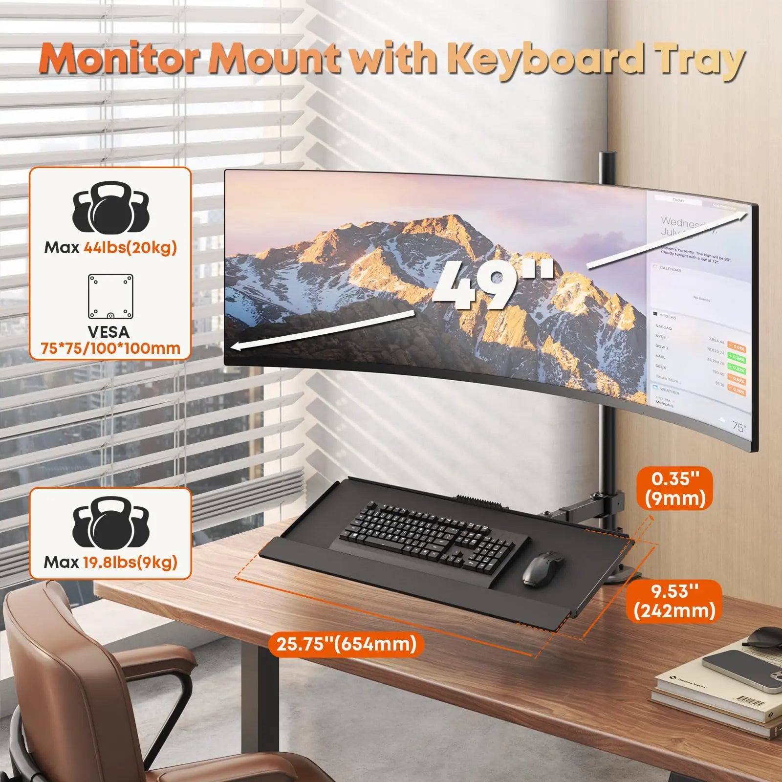 PUTORSEN 49''Monitor Arm with Keyboard Tray, Sit Stand Monitor Desk Mount, 44 lbs Monitor& 19.8 lbs Tray Capacity, C-Clamp & Grommet Mount PUTORSEN