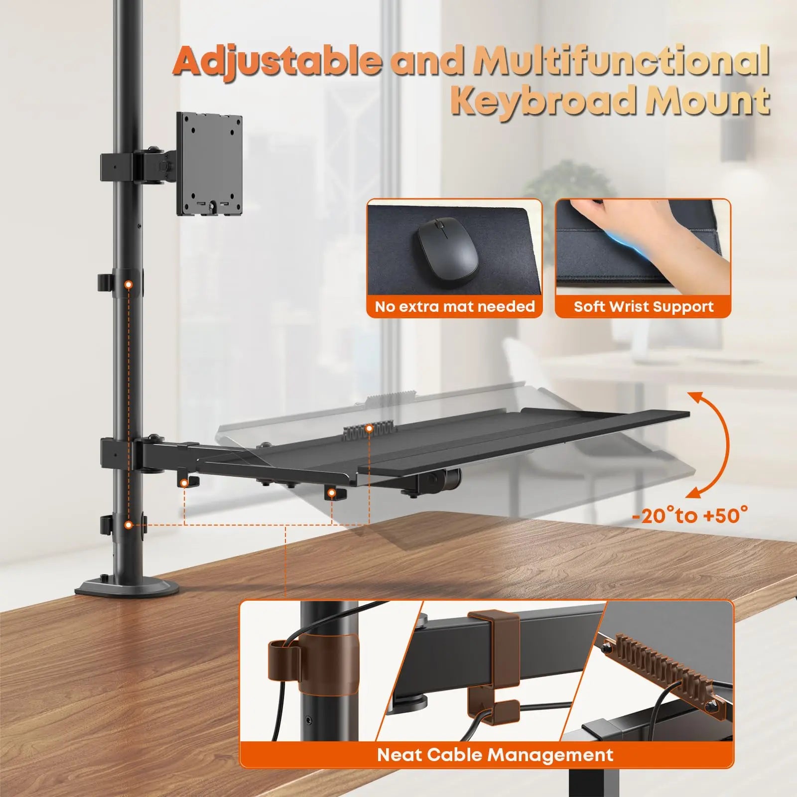 PUTORSEN 49''Monitor Arm with Keyboard Tray, Sit Stand Monitor Desk Mount, 44 lbs Monitor& 19.8 lbs Tray Capacity, C-Clamp & Grommet Mount PUTORSEN