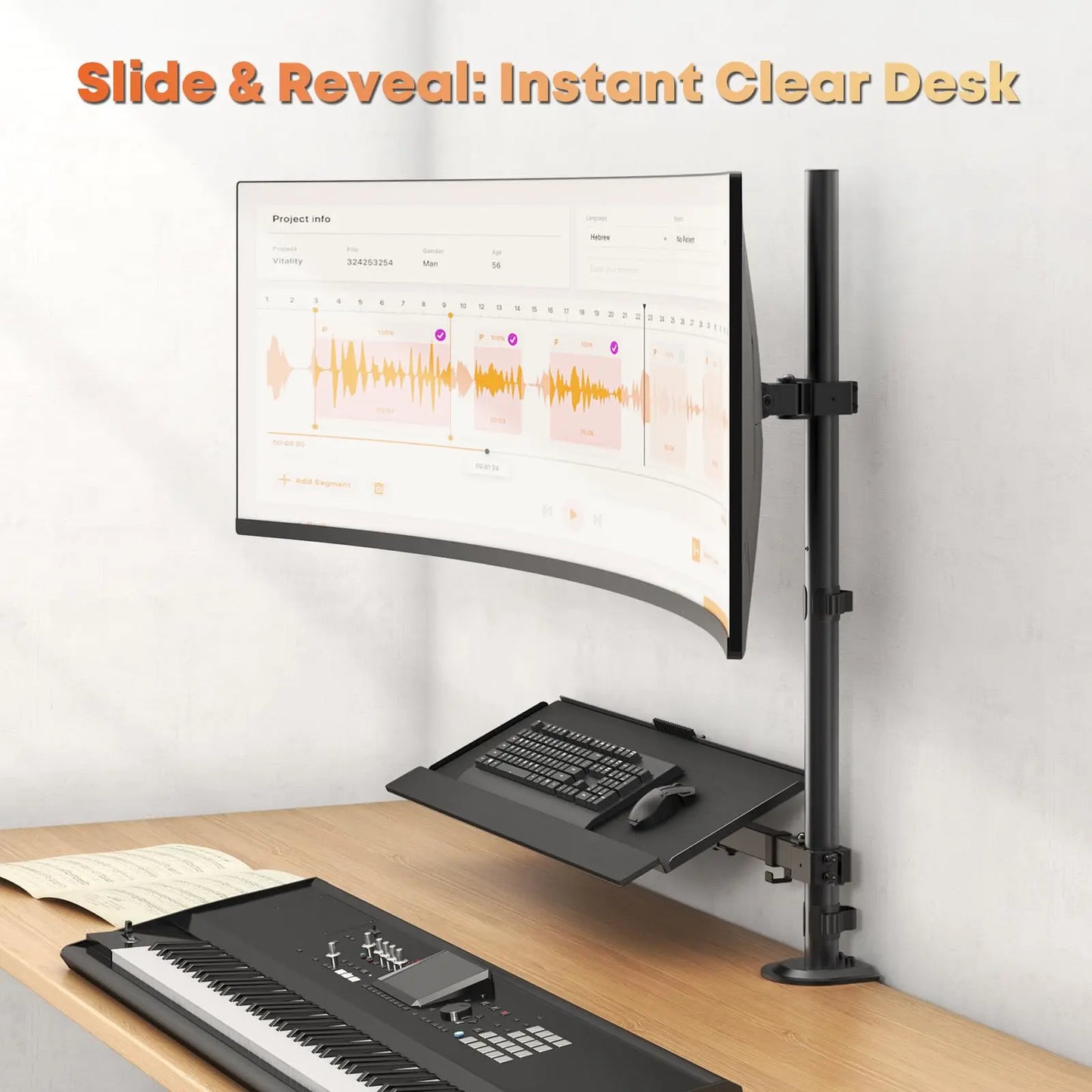 PUTORSEN 49''Monitor Arm with Keyboard Tray, Sit Stand Monitor Desk Mount, 44 lbs Monitor& 19.8 lbs Tray Capacity, C-Clamp & Grommet Mount PUTORSEN