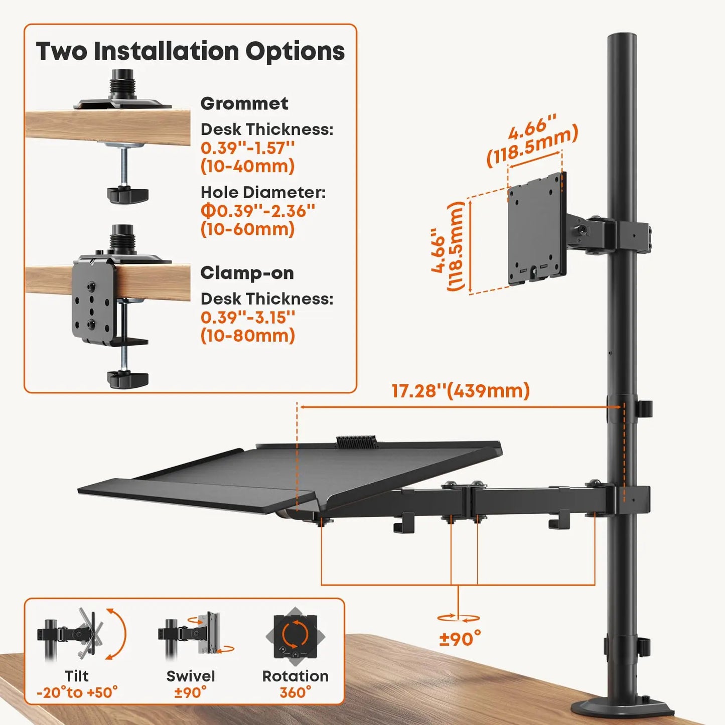 PUTORSEN 49''Monitor Arm with Keyboard Tray, Sit Stand Monitor Desk Mount, 44 lbs Monitor& 19.8 lbs Tray Capacity, C-Clamp & Grommet Mount PUTORSEN