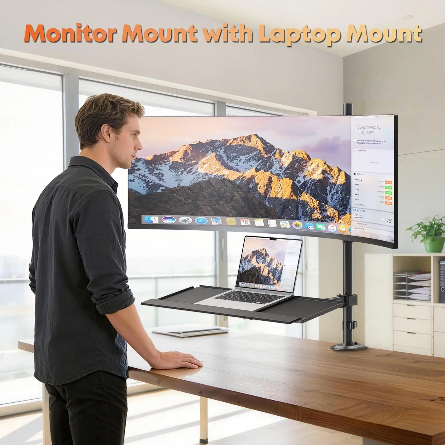 PUTORSEN 49''Monitor Arm with Keyboard Tray, Sit Stand Monitor Desk Mount, 44 lbs Monitor& 19.8 lbs Tray Capacity, C-Clamp & Grommet Mount PUTORSEN