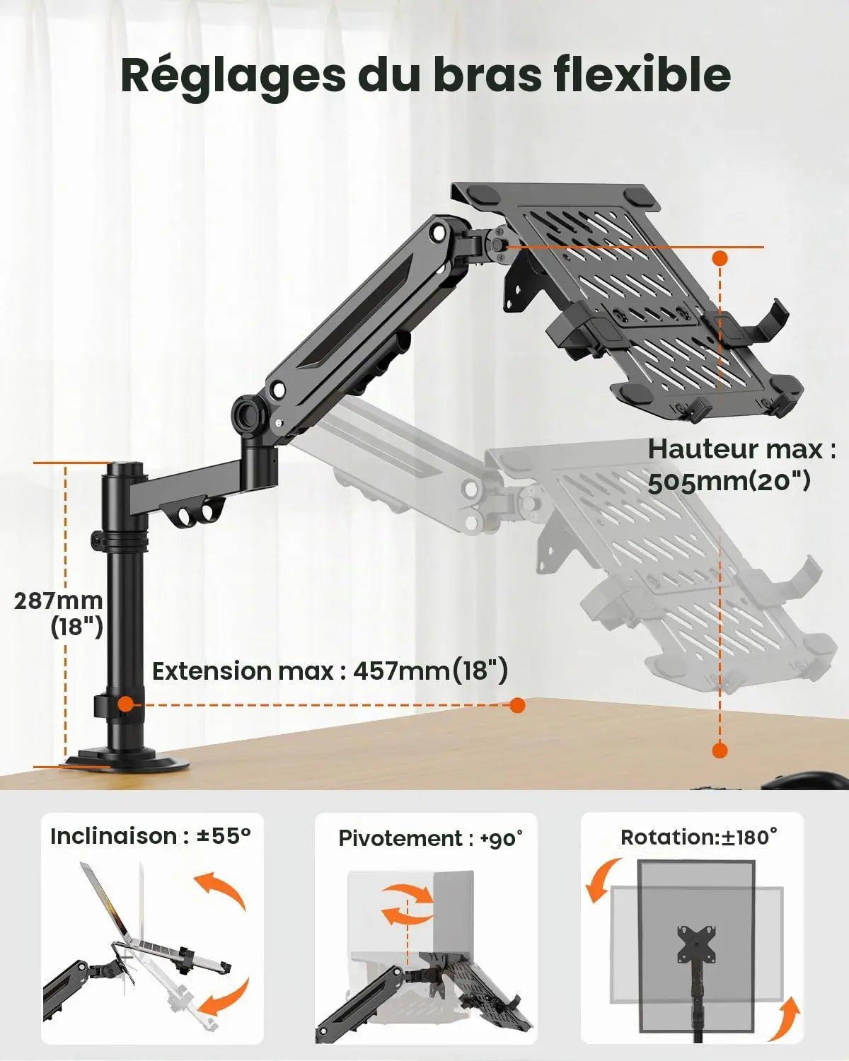 PUTORSEN Bras Support pour PC Portable 18" et Moniteur 17–40", Charge maximale 12 kg, plateau pour ordinateur portable, VESA 75x75/100x100 mm PUTORSEN