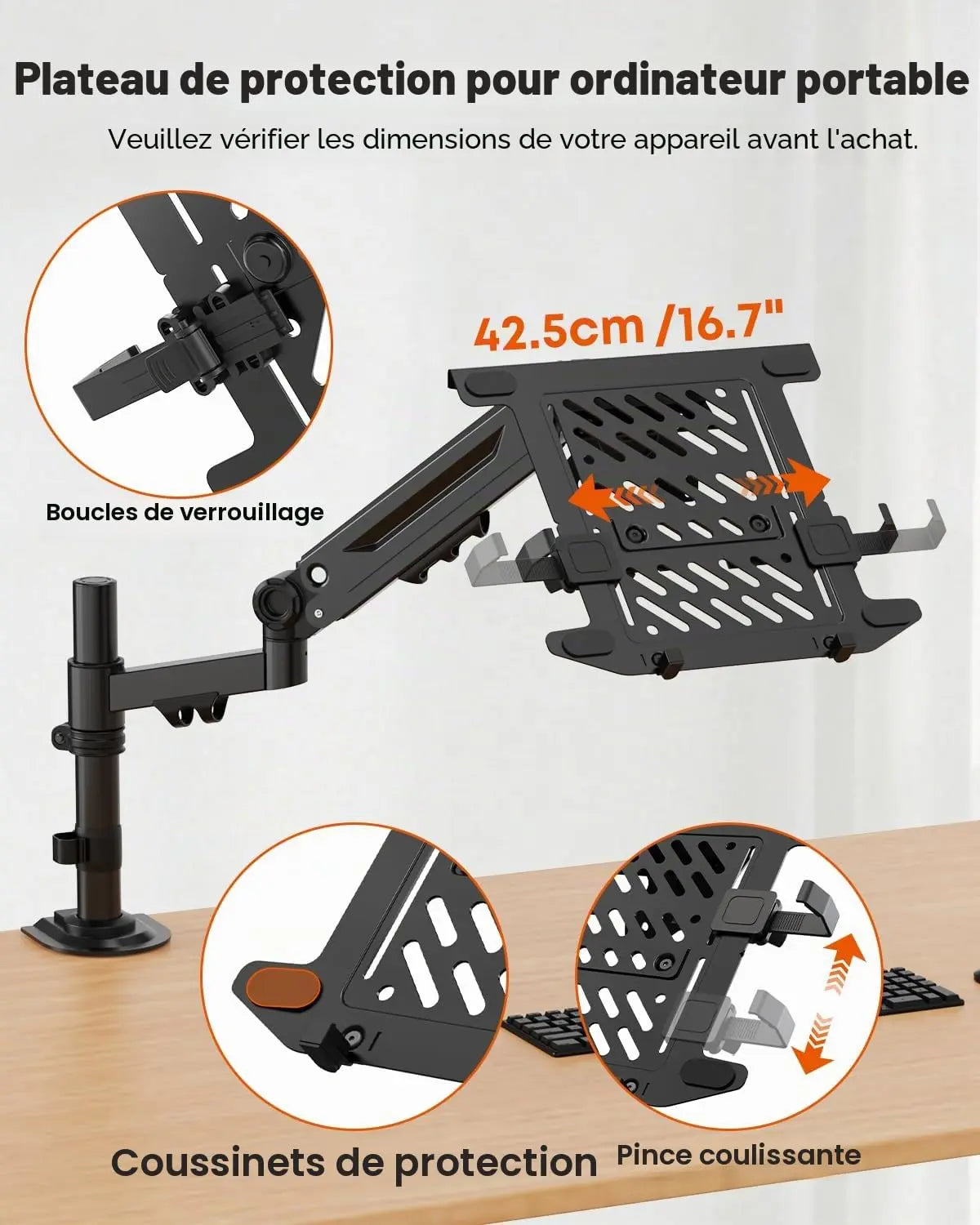 PUTORSEN Bras Support pour PC Portable 18" et Moniteur 17–40", Charge maximale 12 kg, plateau pour ordinateur portable, VESA 75x75/100x100 mm PUTORSEN