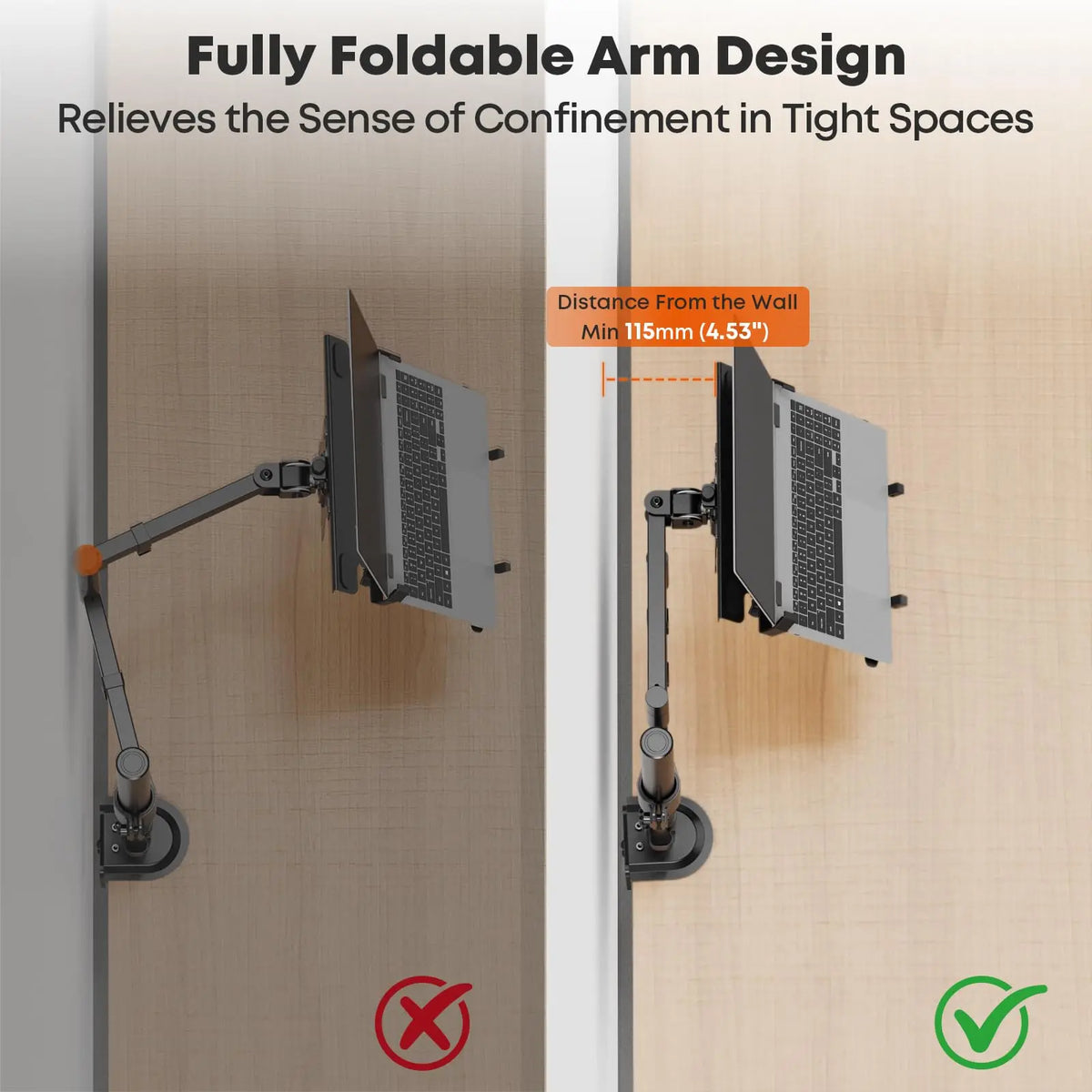 PUTORSEN Brazo 2 en 1 para Portátil 18'' y Monitor 17–32'', brazo largo 711 mm, carga máxima 9 kg, VESA 75x75/100x100 mm, totalmente plegable, bandeja para portátil PUTORSEN