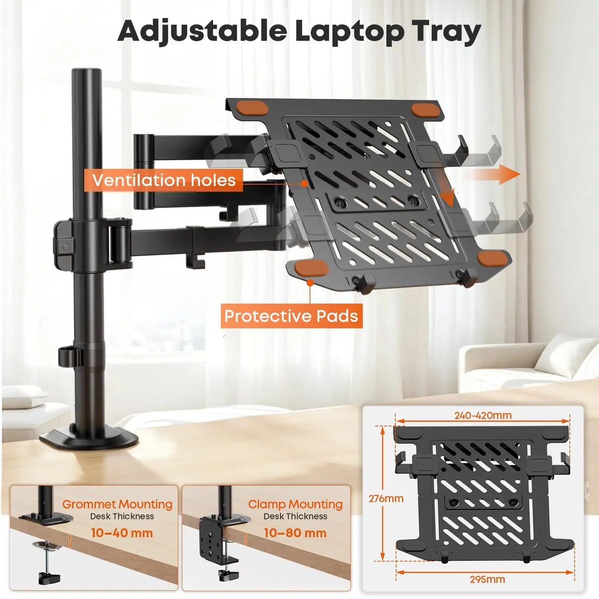 PUTORSEN Brazo 2 en 1 para Portátil 18'' y Monitor 17–32'', brazo largo 711 mm, carga máxima 9 kg, VESA 75x75/100x100 mm, totalmente plegable, bandeja para portátil PUTORSEN