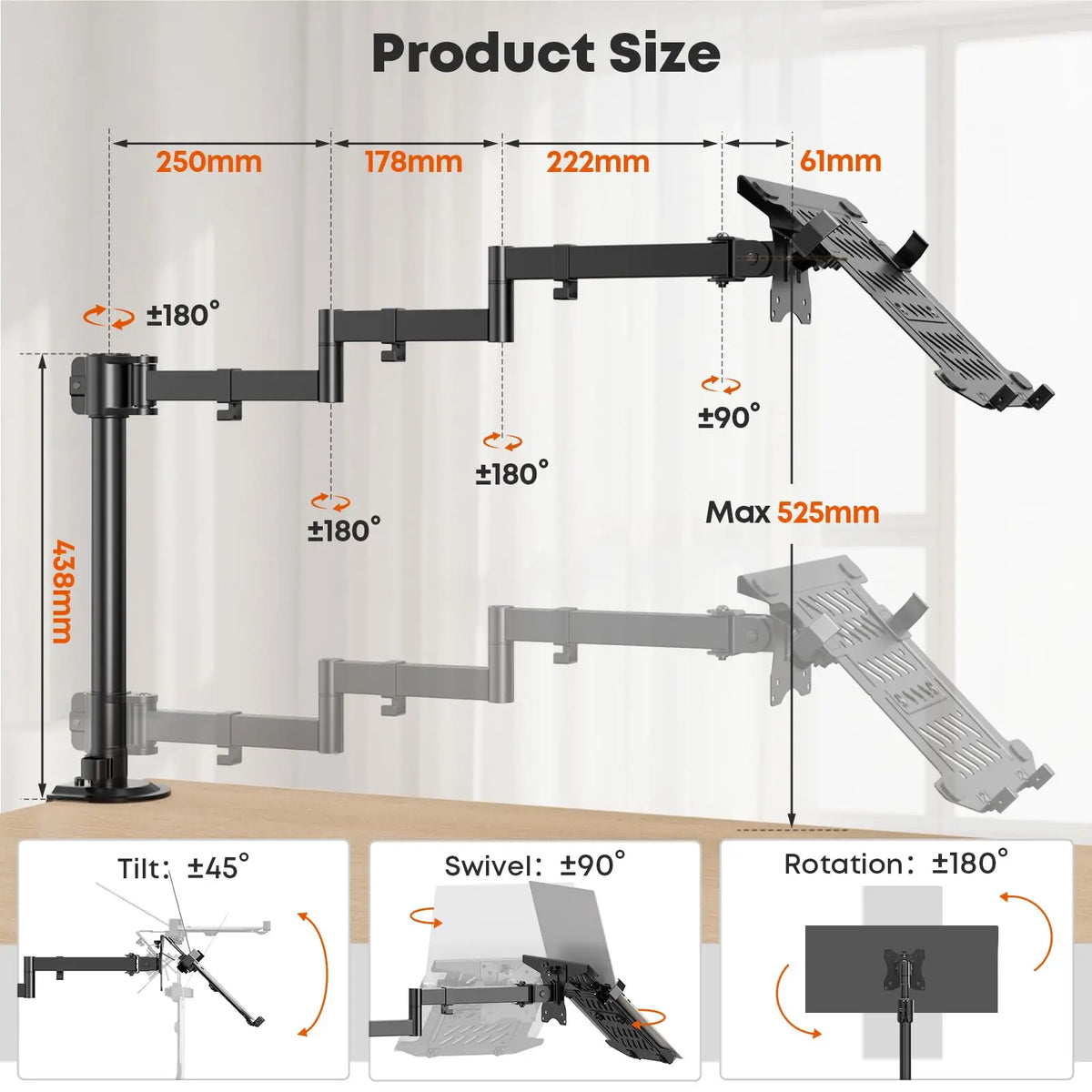 PUTORSEN Brazo 2 en 1 para Portátil 18'' y Monitor 17–32'', brazo largo 711 mm, carga máxima 9 kg, VESA 75x75/100x100 mm, totalmente plegable, bandeja para portátil PUTORSEN