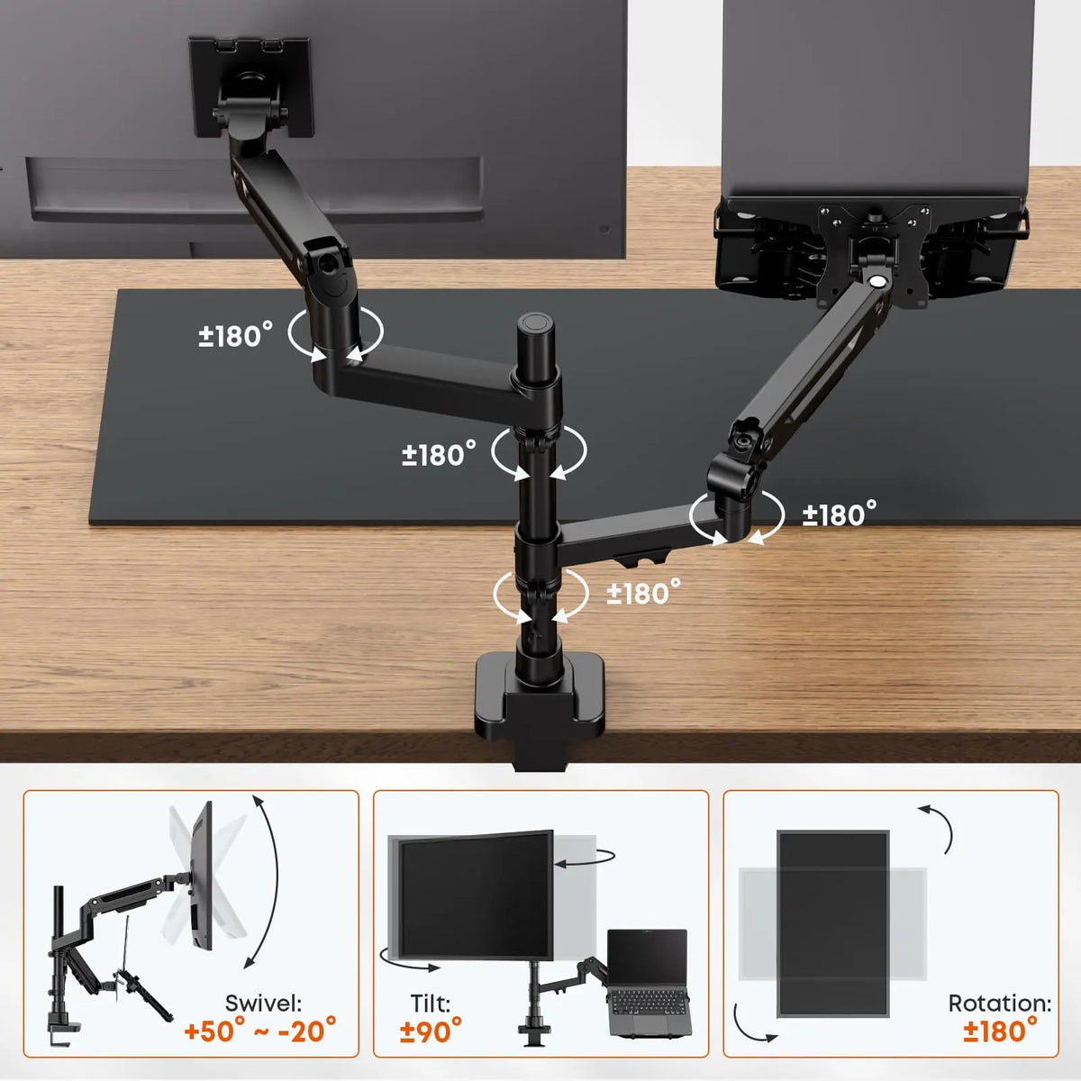 PUTORSEN Brazo para Monitor y Portátil 2 en 1, Soporte Ajustable para Pantallas de 17 a 49 Pulgadas y Portátiles de hasta 18 Pulgadas, carga máxima hasta 20 kg PUTORSEN