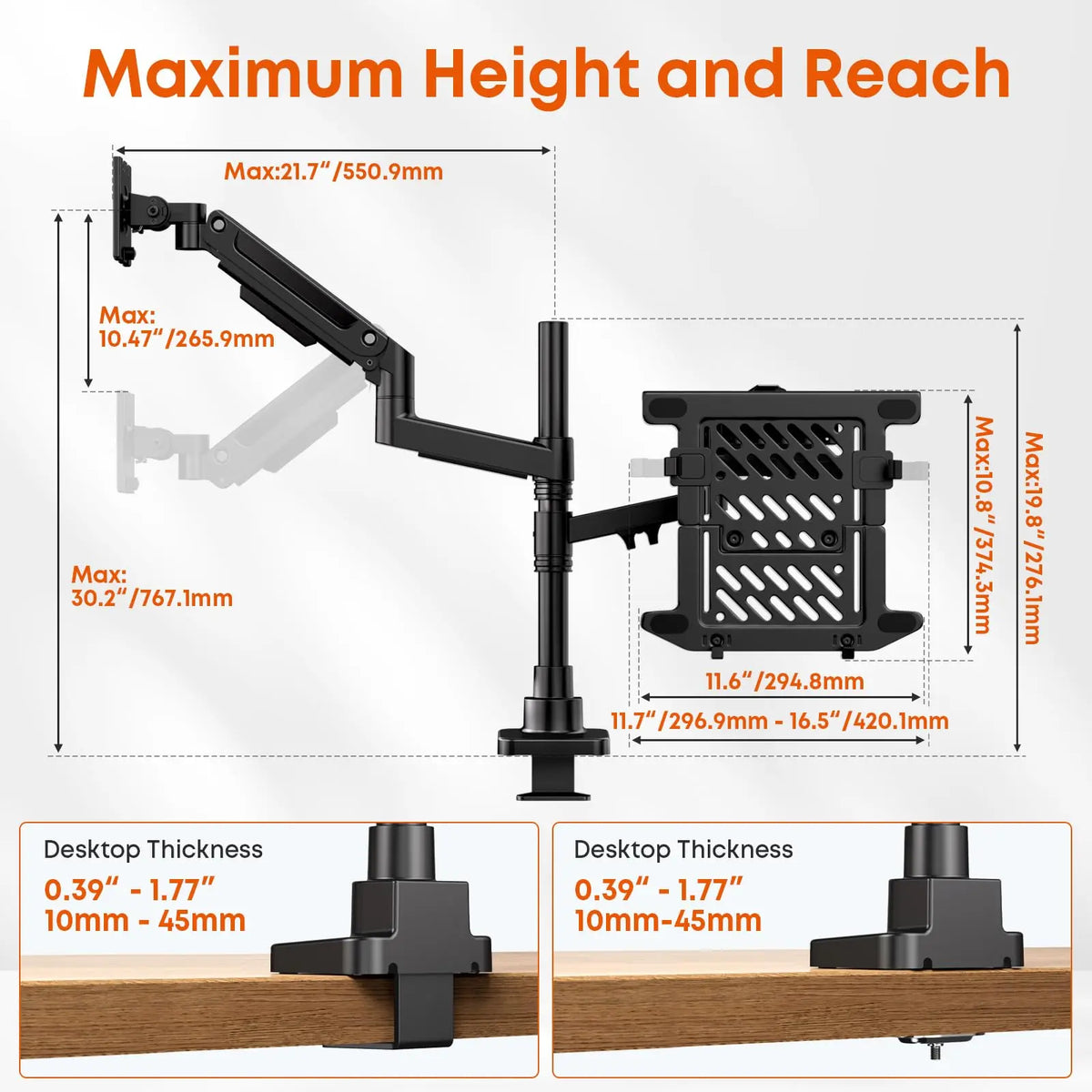 PUTORSEN Brazo para Monitor y Portátil 2 en 1, Soporte Ajustable para Pantallas de 17 a 49 Pulgadas y Portátiles de hasta 18 Pulgadas, carga máxima hasta 20 kg PUTORSEN