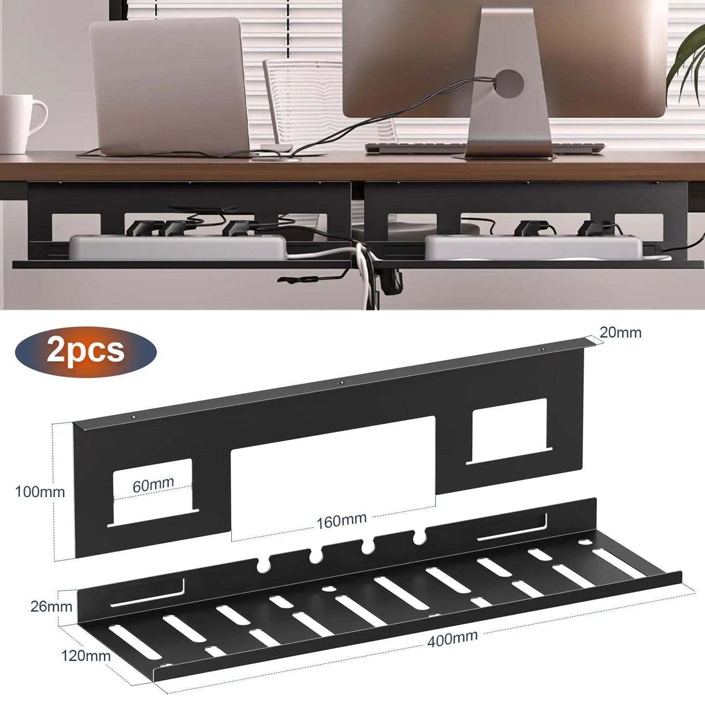 PUTORSEN Cable Tray Desk for Optimal Cable Management - Ideal for Home Office and Workstations, with up to 3kg Load Capacity & Ventilation, 2-Pack Set PUTORSEN